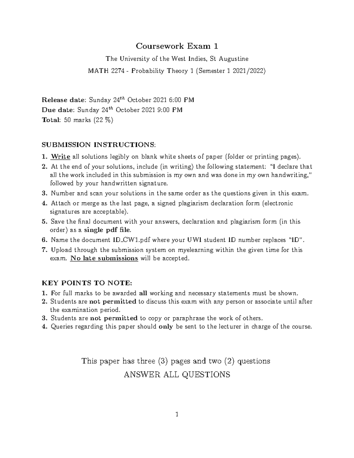 Coursework Exam MATH2274 - Coursework Exam 1 The University of the West ...