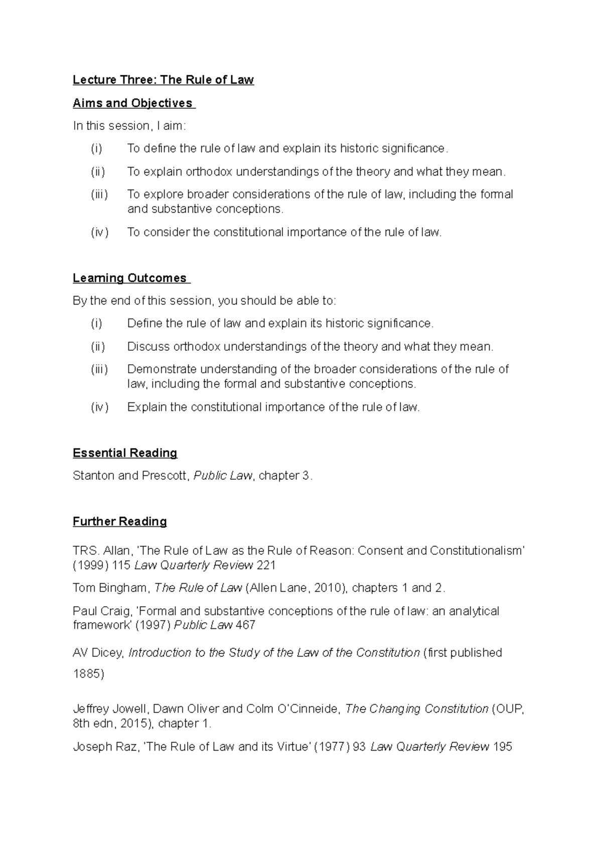 Lecture 3- public law - Lecture Three: The Rule of Law Aims and ...