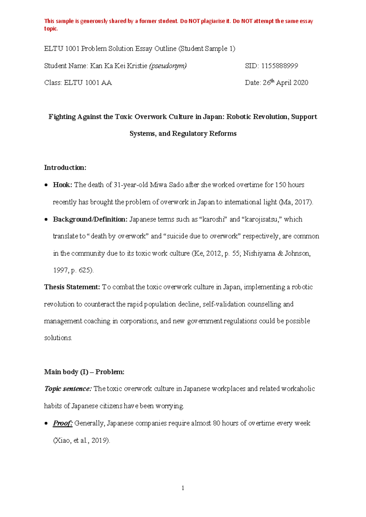 PSE Outline Student Sample 1 Overwork Culture topic. ELTU 1001