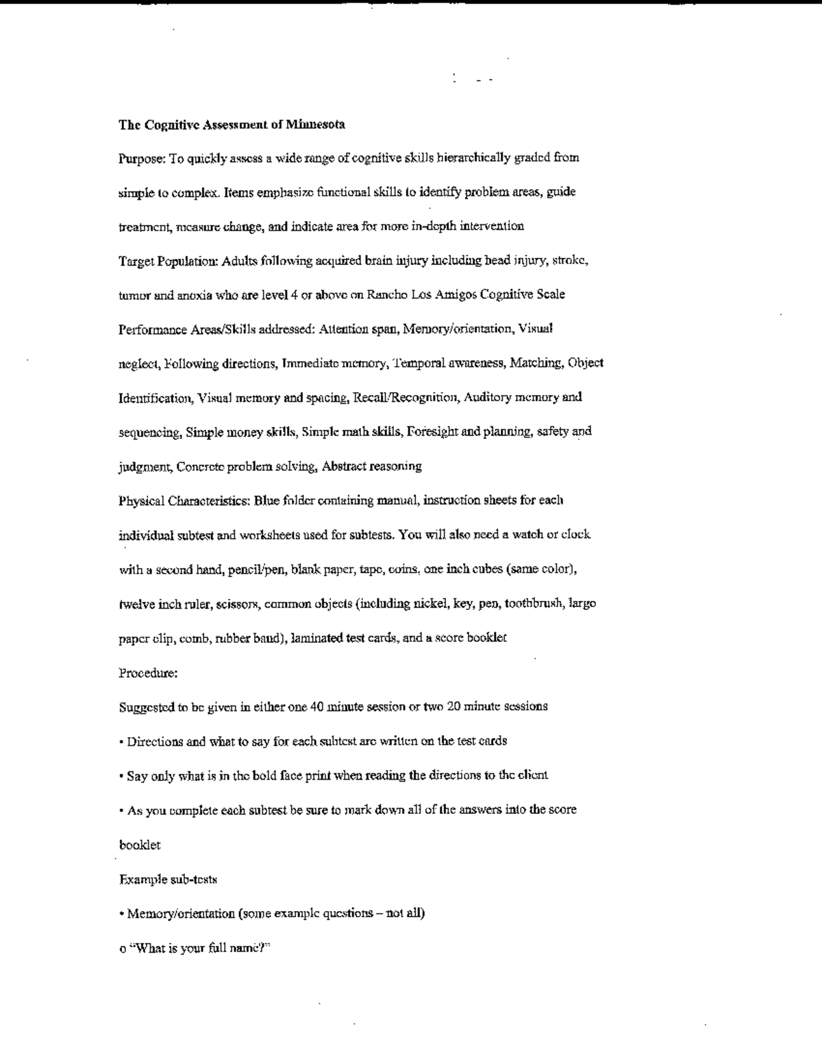 COGNITIVE ASSESSMENT OF MINNESOTA STANDARDISED ASSESSMENT FOR ...