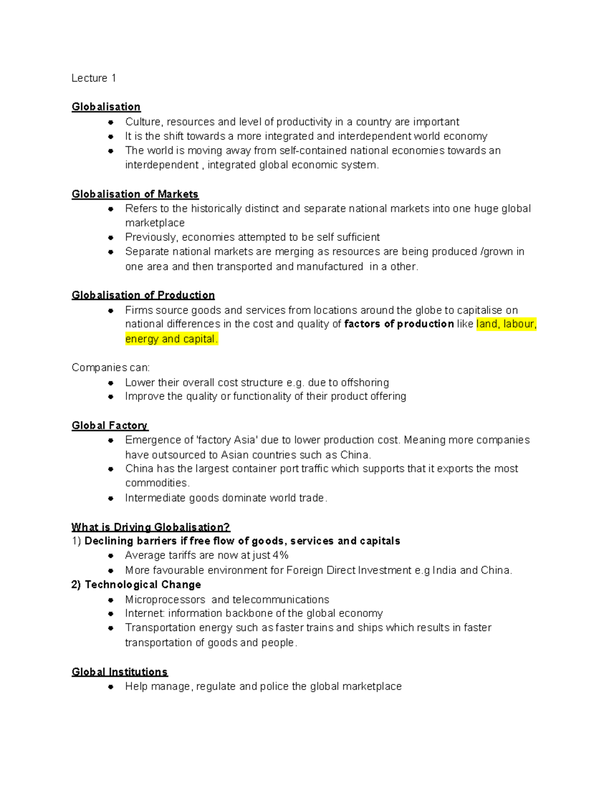 Lecture 1 - Globalisation - Lecture 1 Globalisation Culture, resources ...
