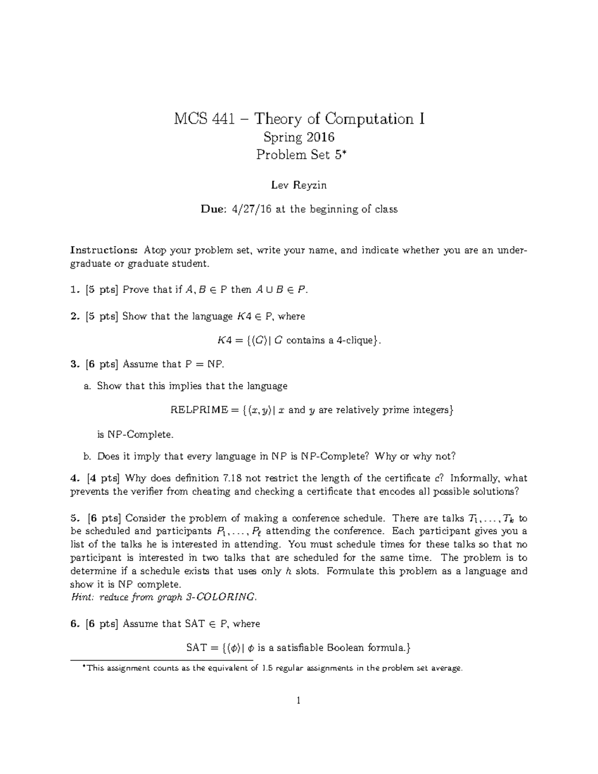 MCS 441 – Problem Set 5 - MCS 441 Theory of Computation I Spring 2016 ...