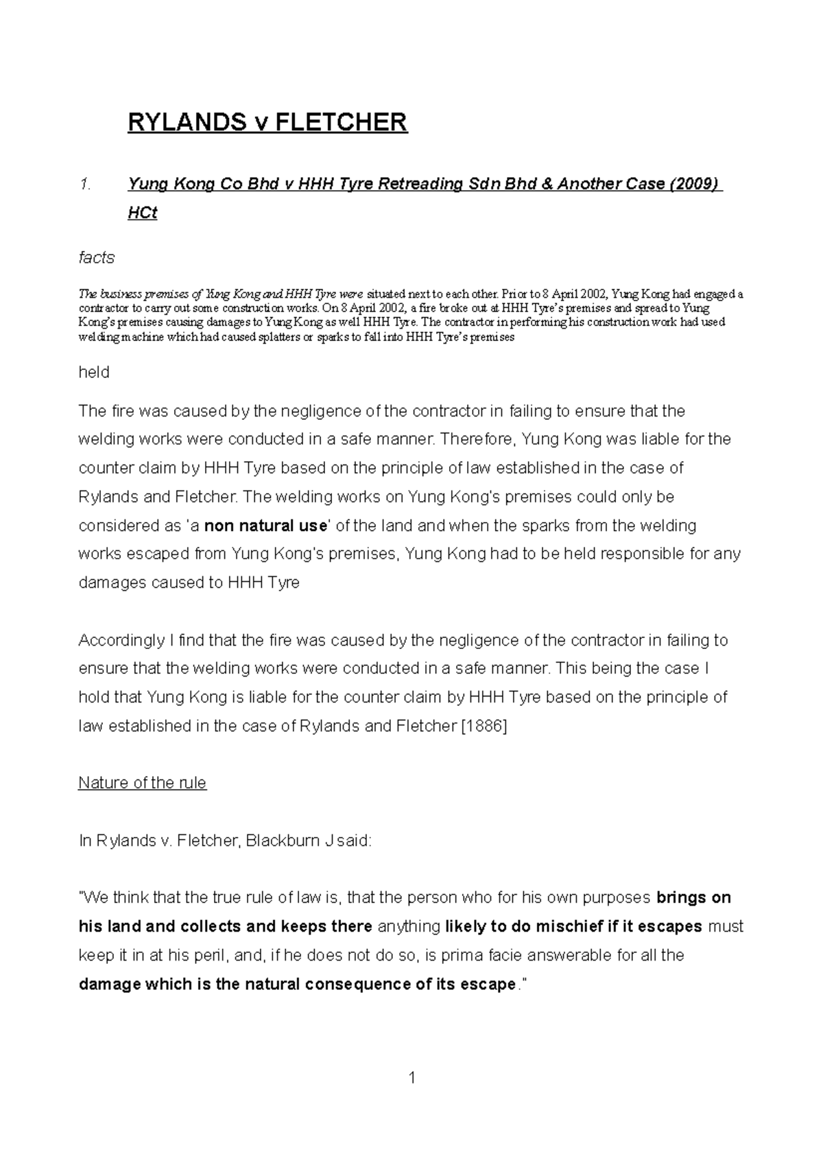 R v F done - Summary General Paper - RYLANDS v FLETCHER 1. Yung Kong Co ...