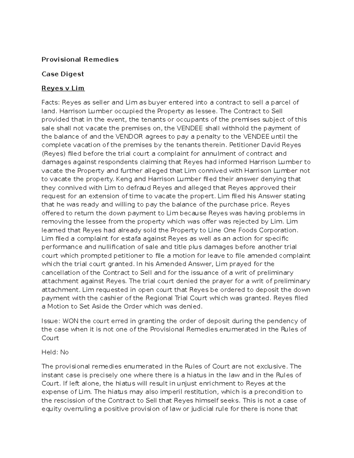 Pdfcoffee Cases Provisional Remedies Case Digest Reyes v Lim Facts