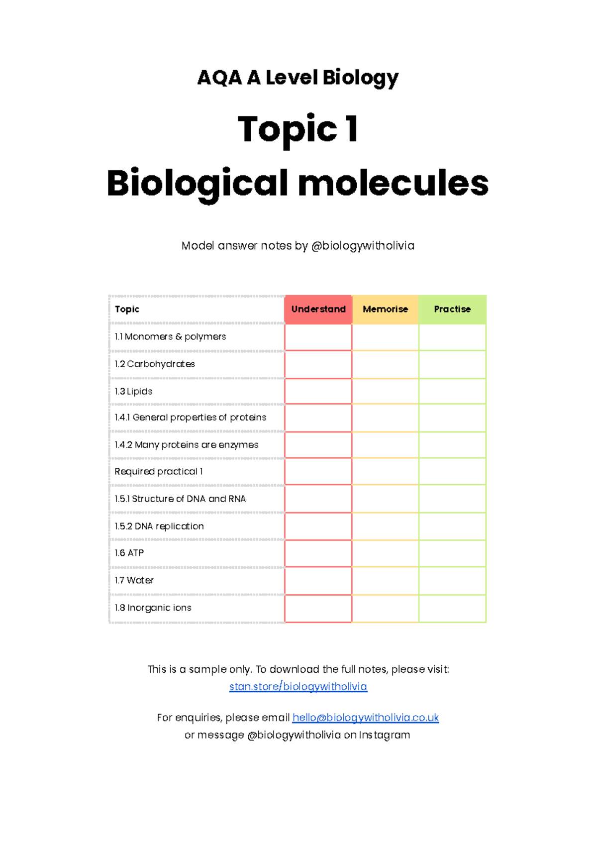 Sample Topic 1 Biological Molecules - AQA A Level Biology Topic 1 ...