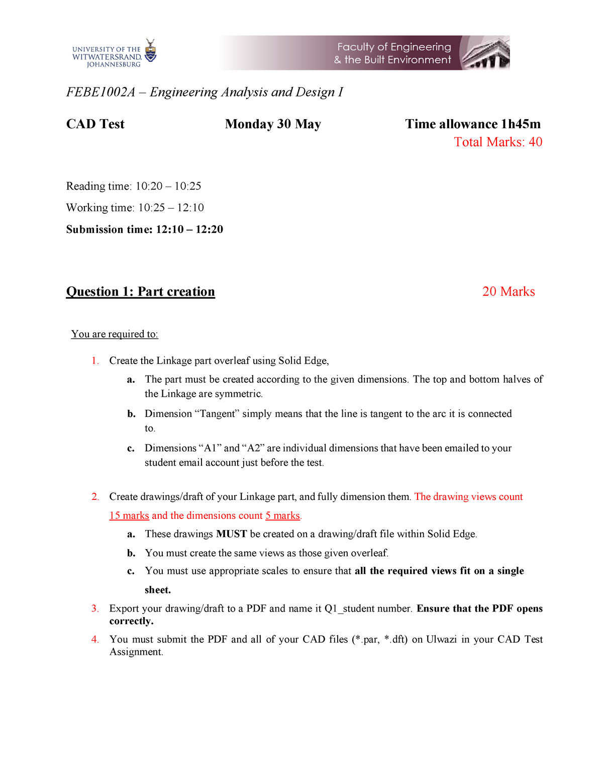 CAD Test 2022 B - Cad Test - FEBE1002A – Engineering Analysis And ...