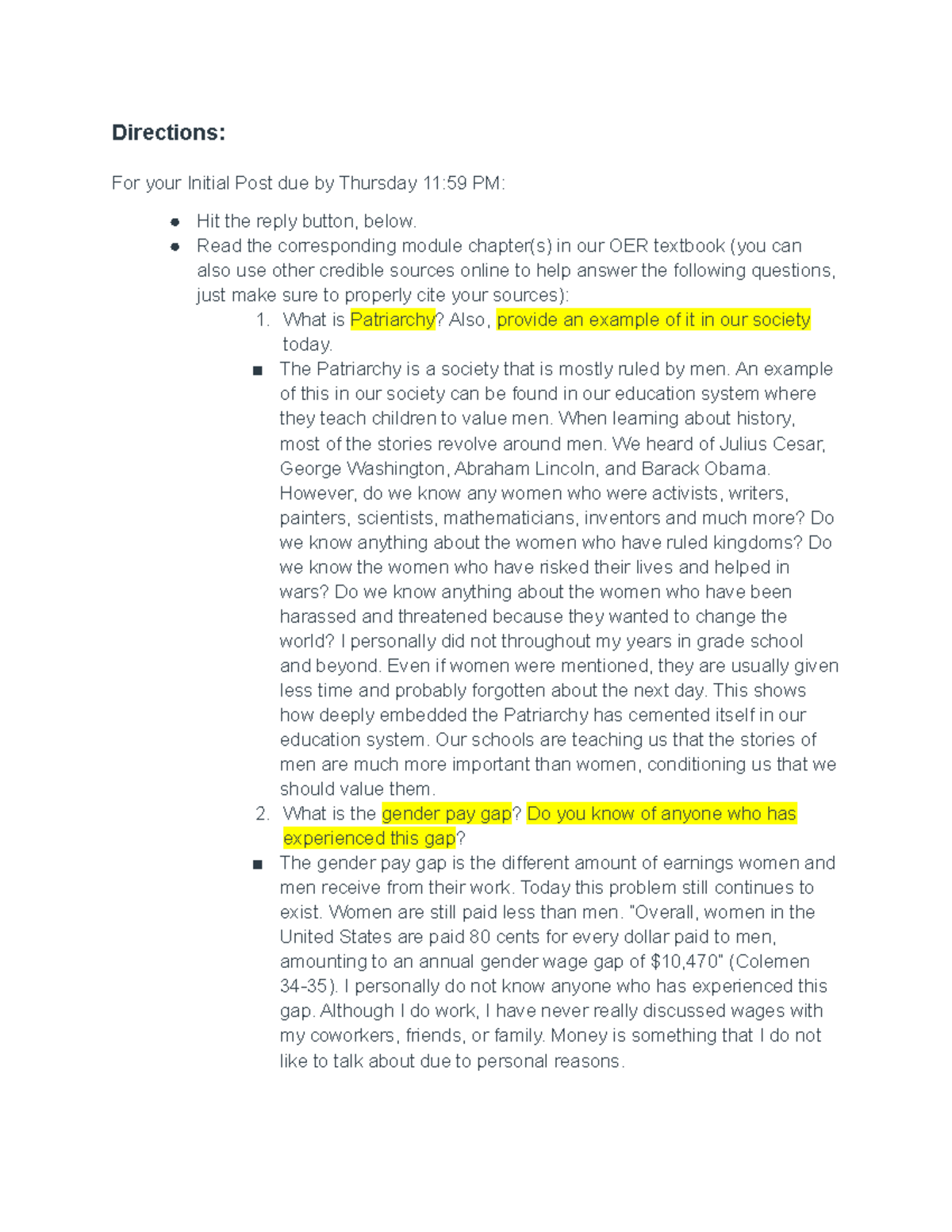 Discussion Post 3 - Directions: For your Initial Post due by Thursday ...