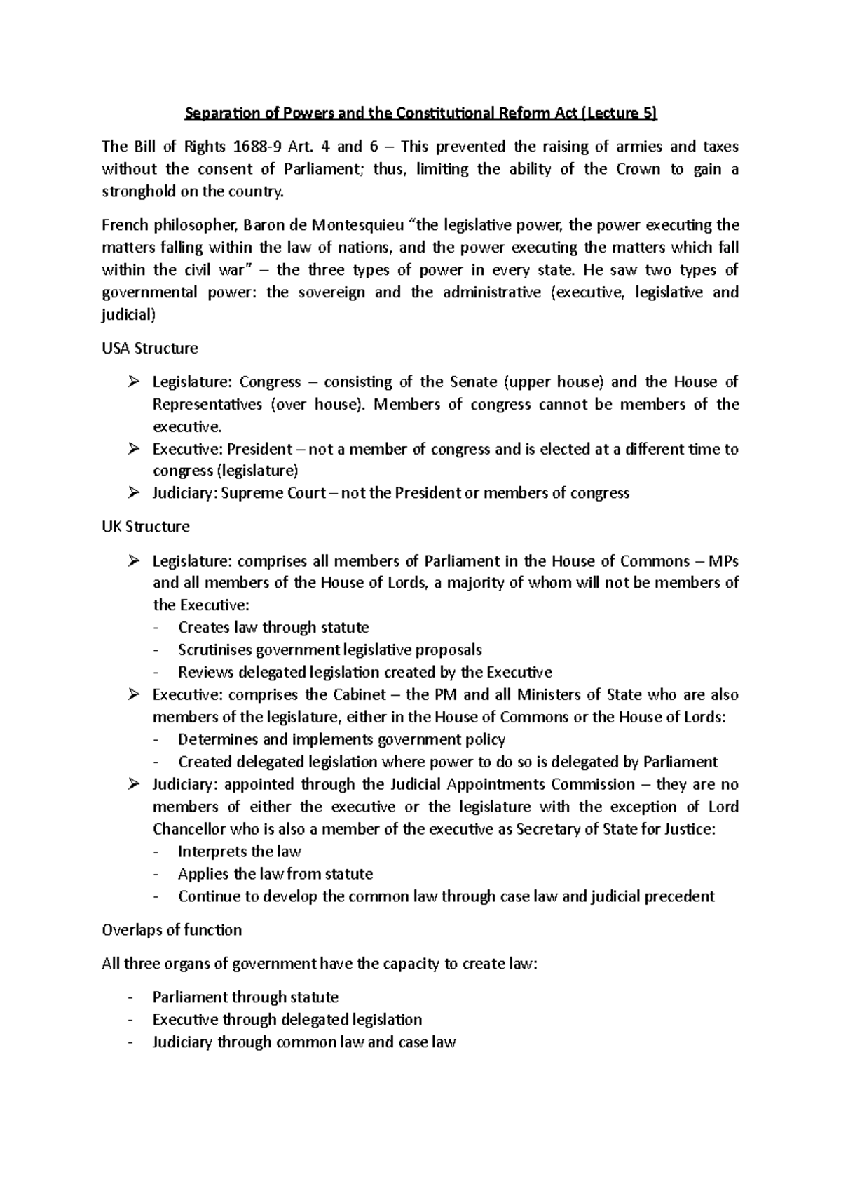 Lecture 5 - Notes - Separation of Powers and the Constitutional Reform ...