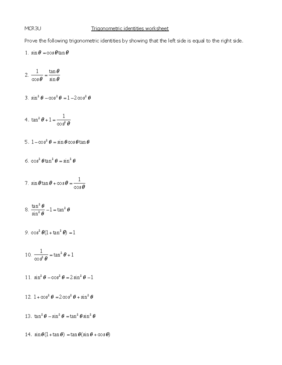 Trigonometric identities worksheet 3 - MCR3U Trigonometric identities ...