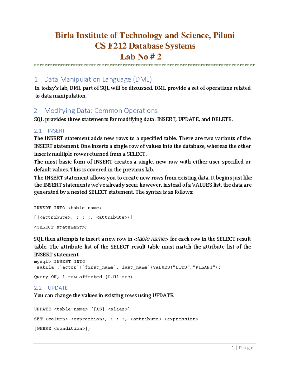 LAB Sheet 2 - Birla Institute of Technology and Science, Pilani CS F212 ...