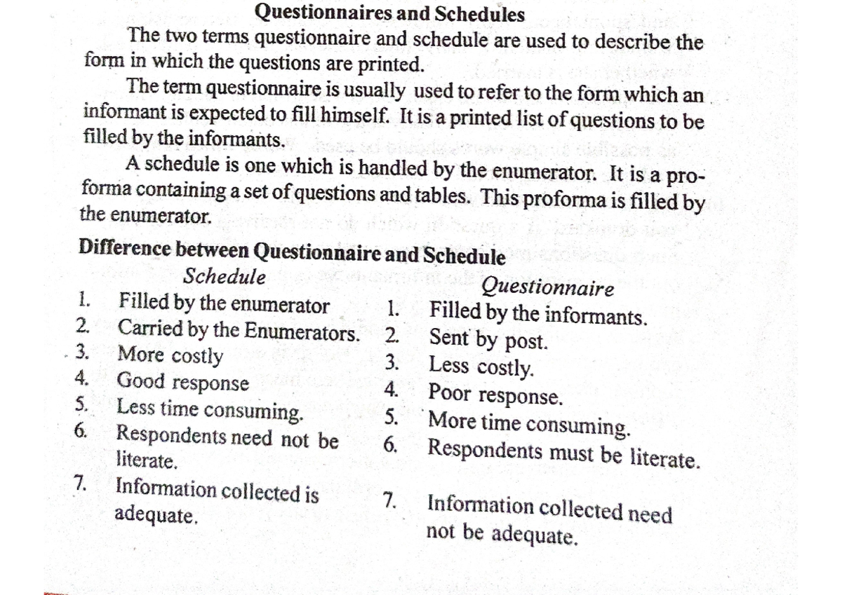 Questionnaires and schedules - Statistics - Studocu
