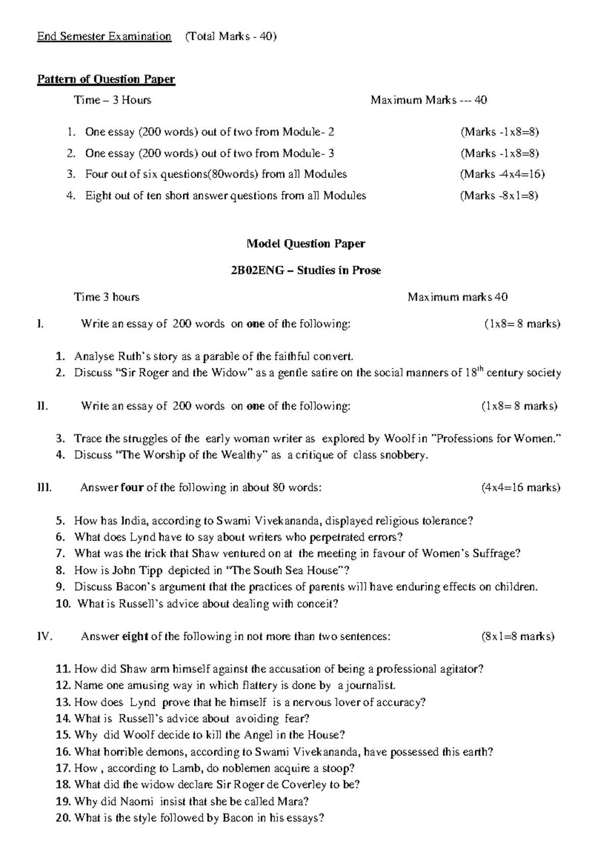 Model question paper - End Semester Examination (Total Marks - 40 ...
