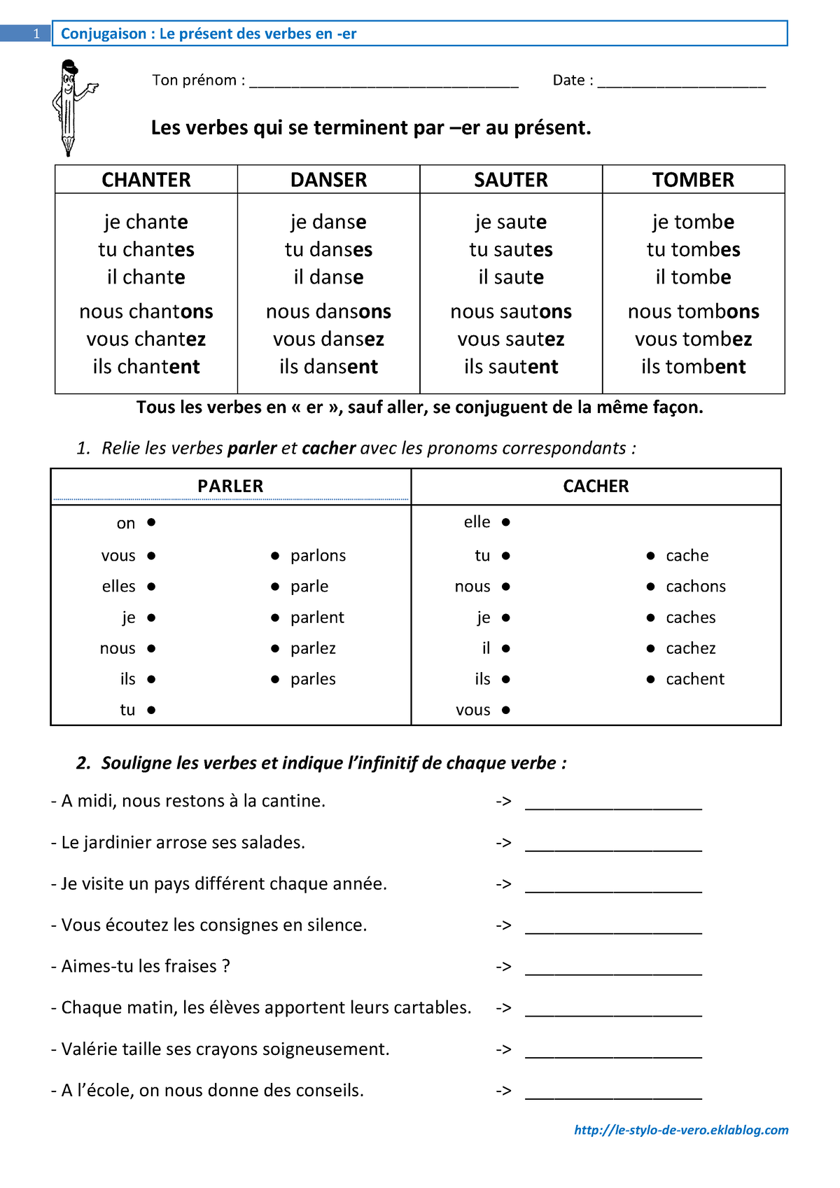 Exos Le Present Des Verbes En Er Les Verbes Qui Se Terminent Par Er