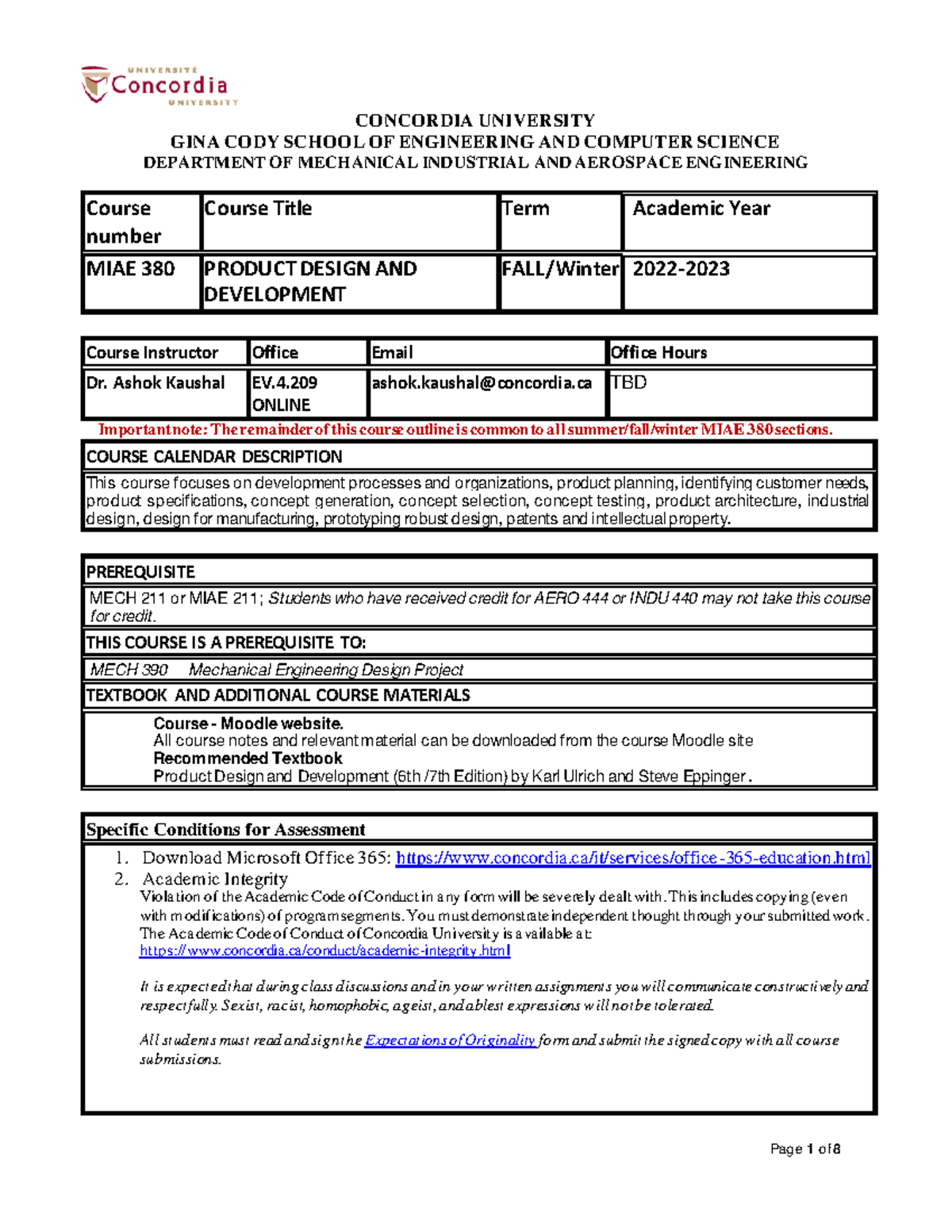 MIAE 380 Course Outline-In Class - CONCORDIA UNIVERSITY GINA CODY ...