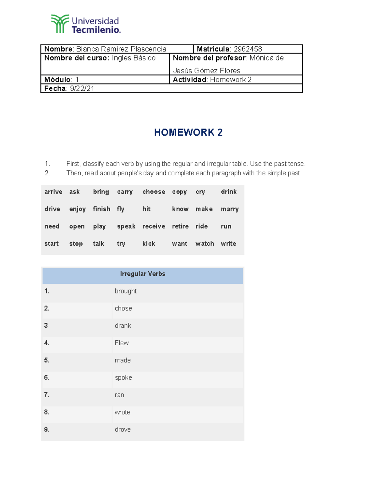 Homework 2 Ingles basico modulo 1 Tecmilenio - Nombre: Bianca Ramirez ...