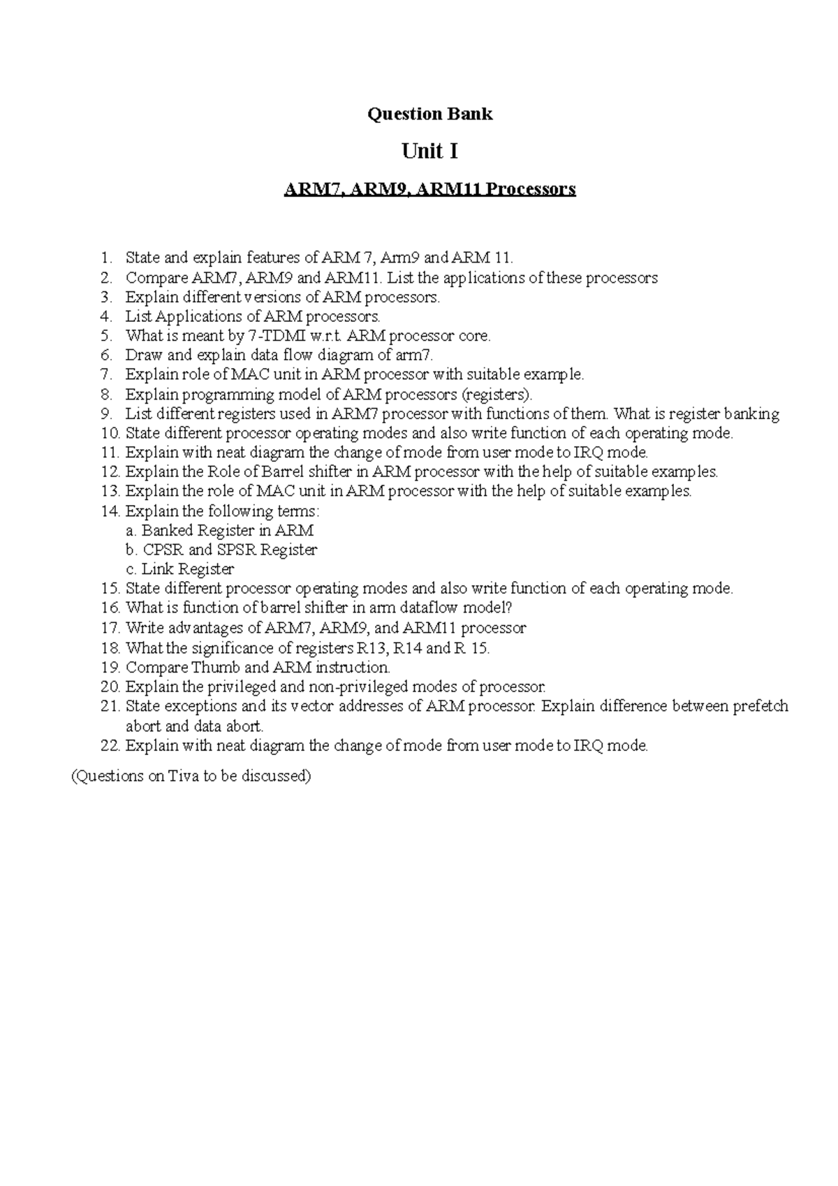Unit i question bank dshfdshff Question Bank Unit I ARM7, ARM9