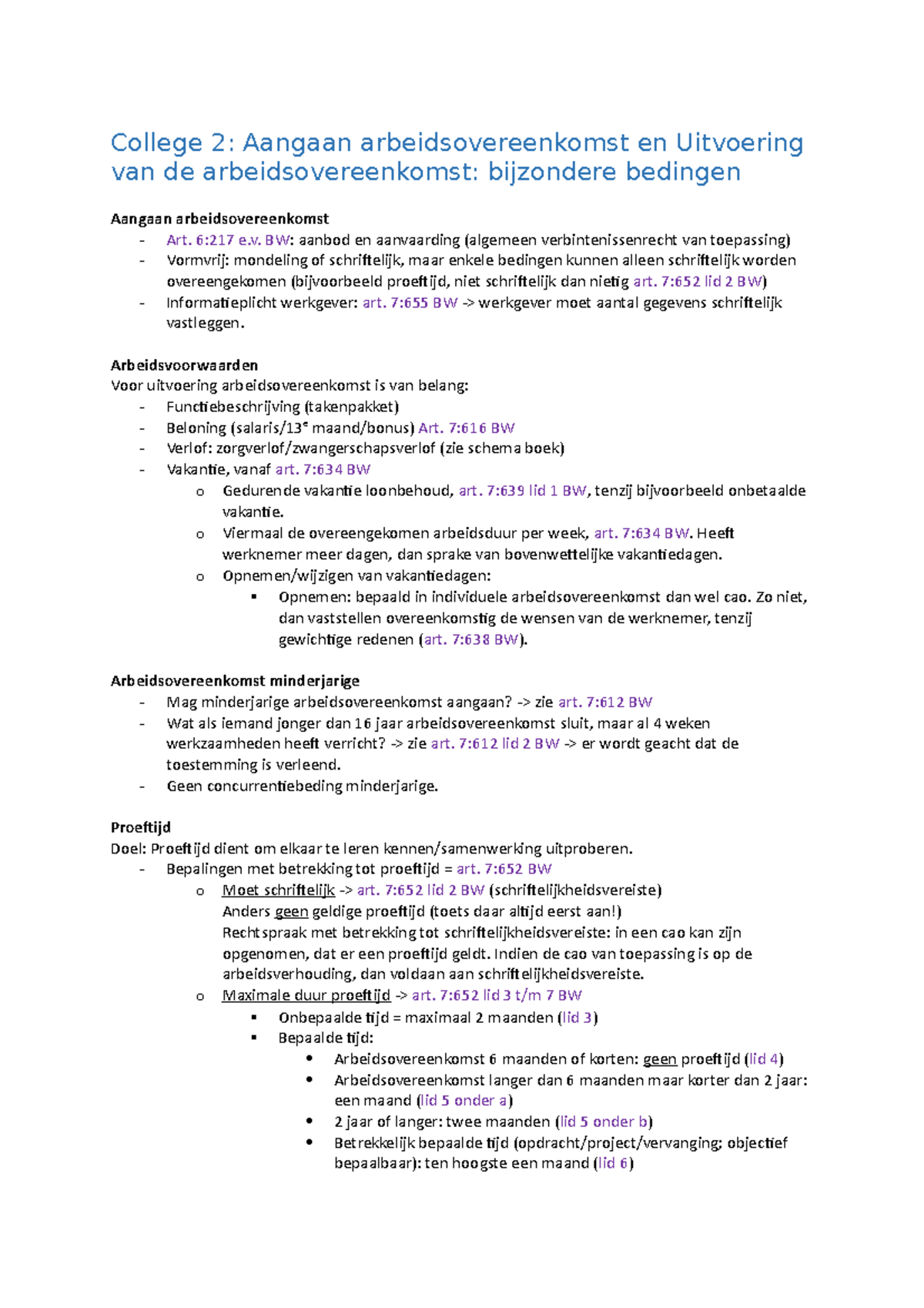 College 2 Arbeidsrecht - College 2: Aangaan Arbeidsovereenkomst En ...