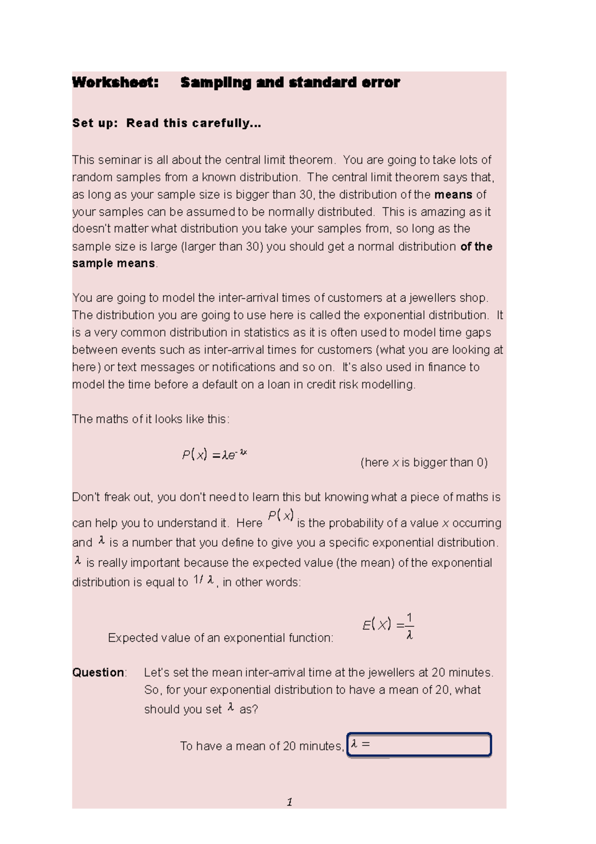 Week 8 Sampling worksheet - Worksheet: Sampling and standard error Set ...