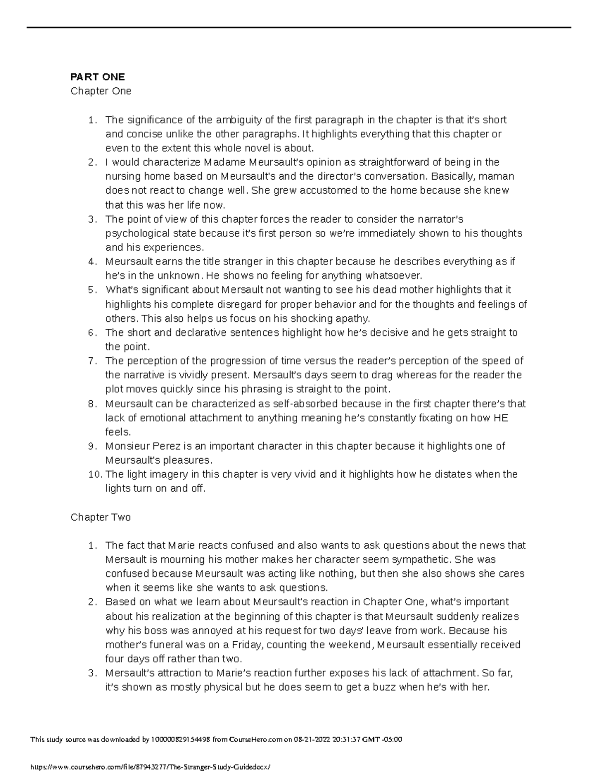 The Stranger Study Guide.docx - PART ONE Chapter One The significance ...