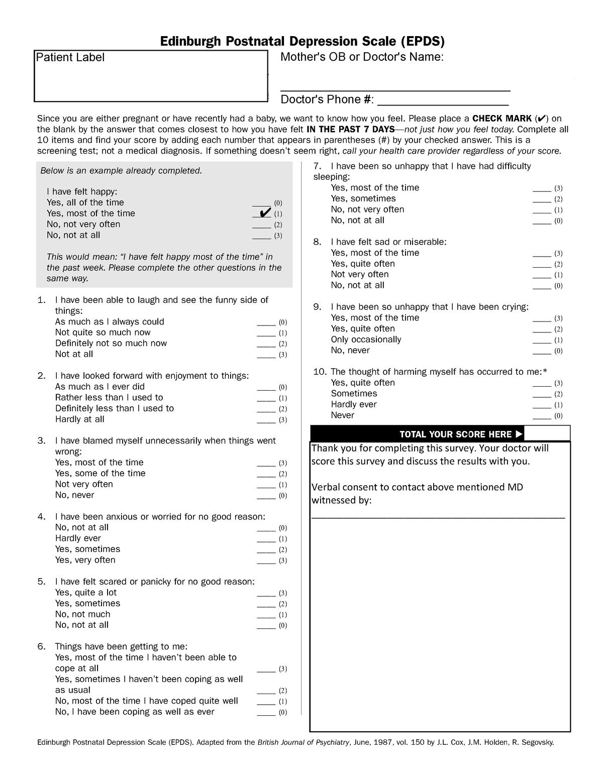 Perinatal Epds Tool - Test - If You Scored A 1, 2 Or 3 On Question 10 ...