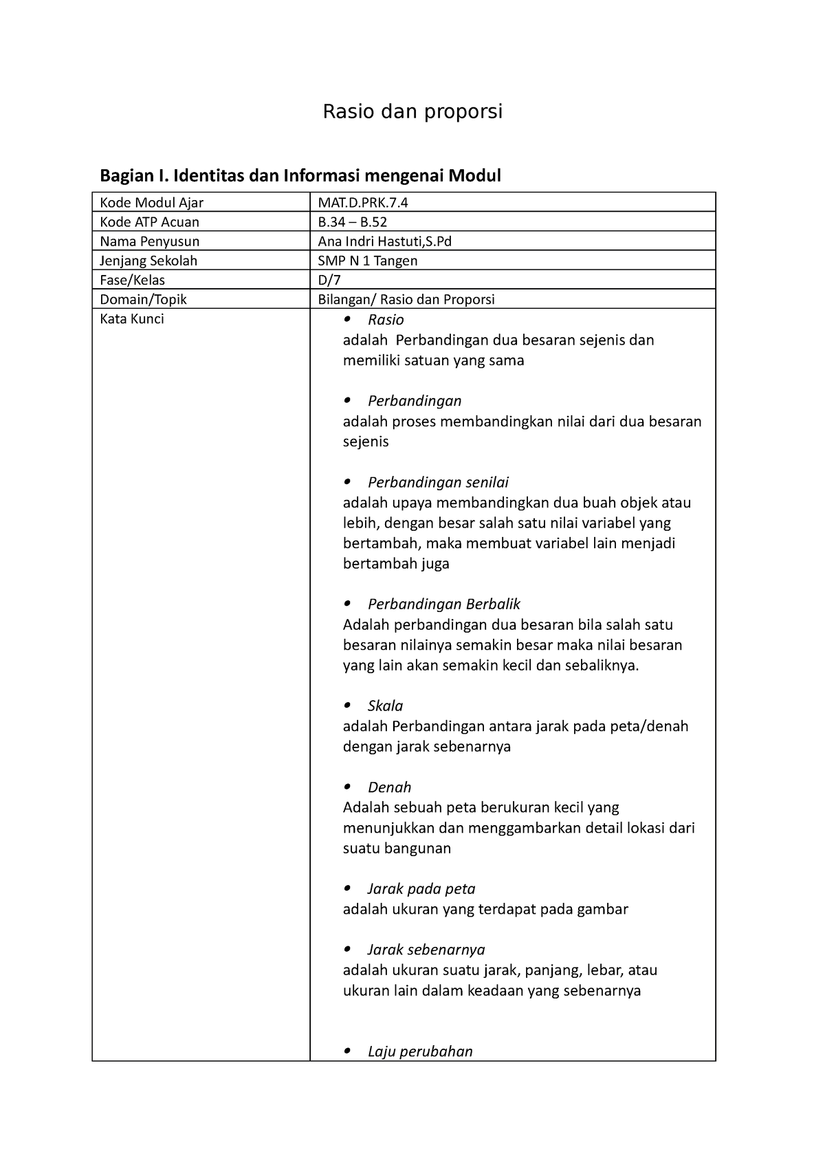 ATP Matematika Perbandingan - Rasio Dan Proporsi Bagian I. Identitas ...