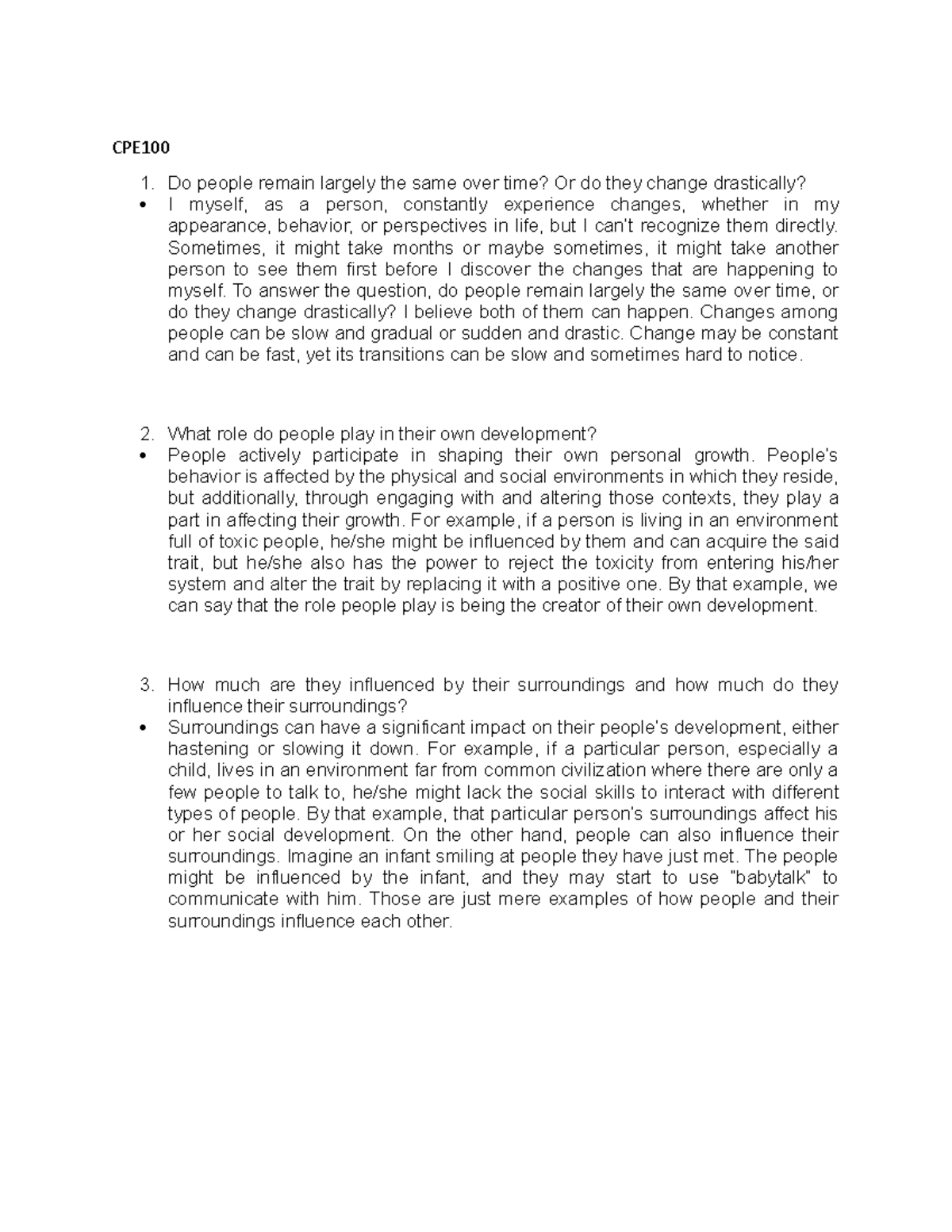 CPE100 CPE Do people remain largely the same over time? Or do they