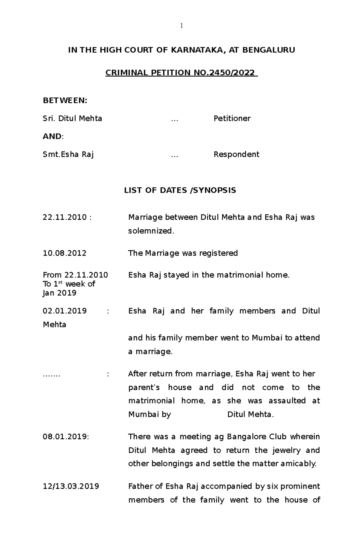 Esha Raj Listo dates, Synopsis 05 07 2023 IN THE HIGH COURT OF