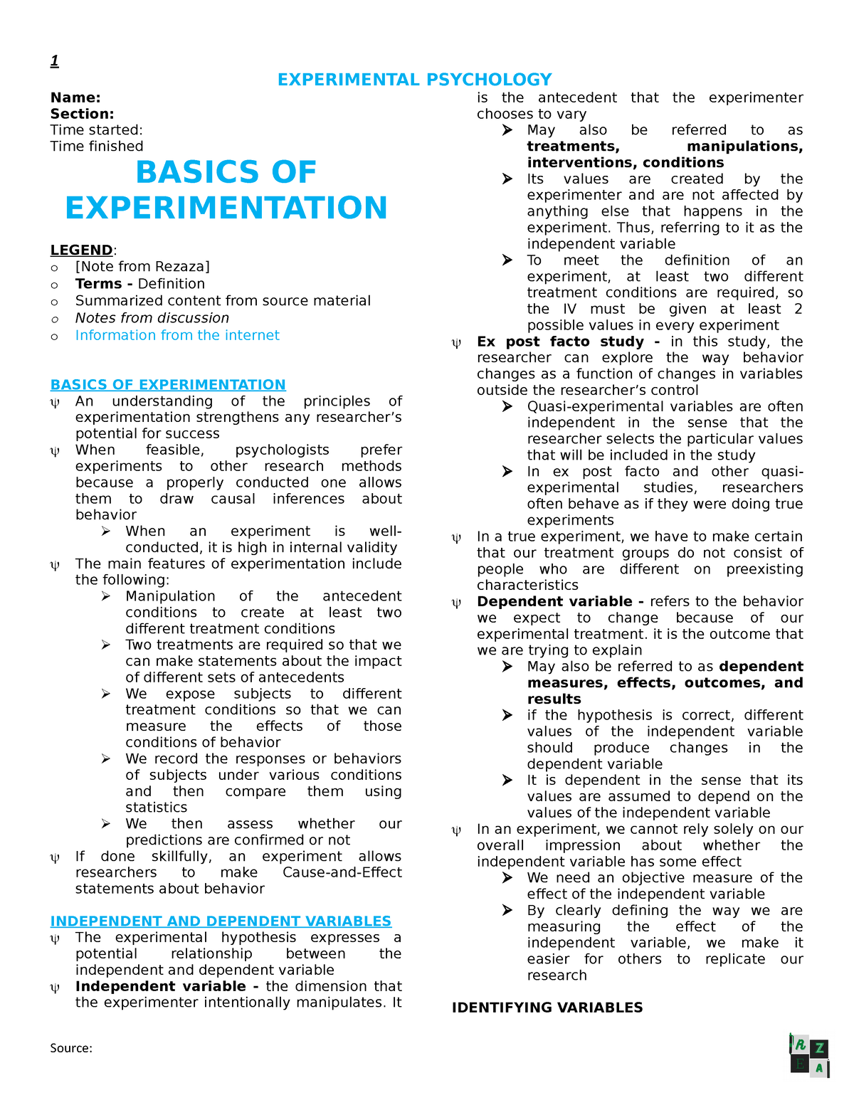 experimental psychology course outline