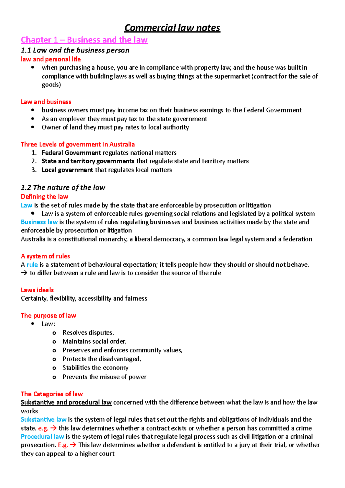 Commercial Law Notes - Commercial law notes Chapter 1 – Business and ...