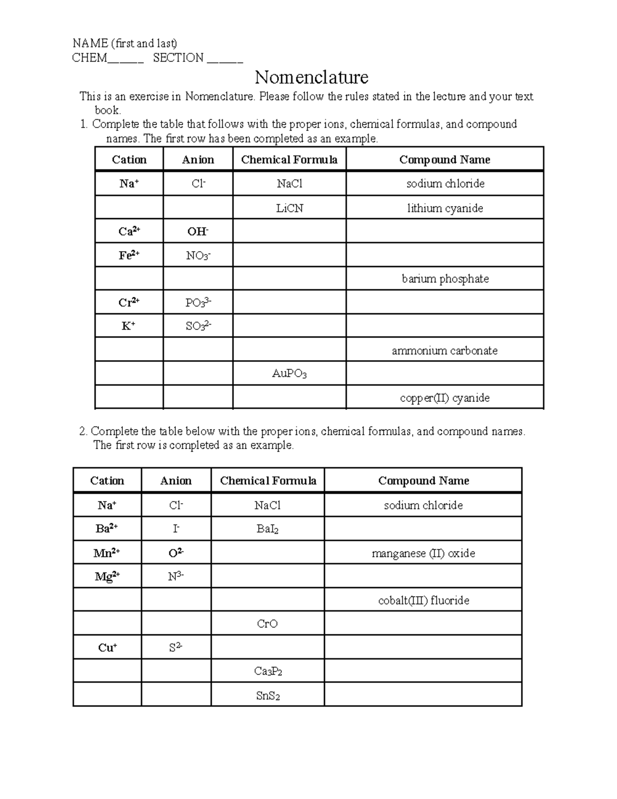 Nomenclature-all - CHEM______ SECTION ______ Nomenclature This is an ...