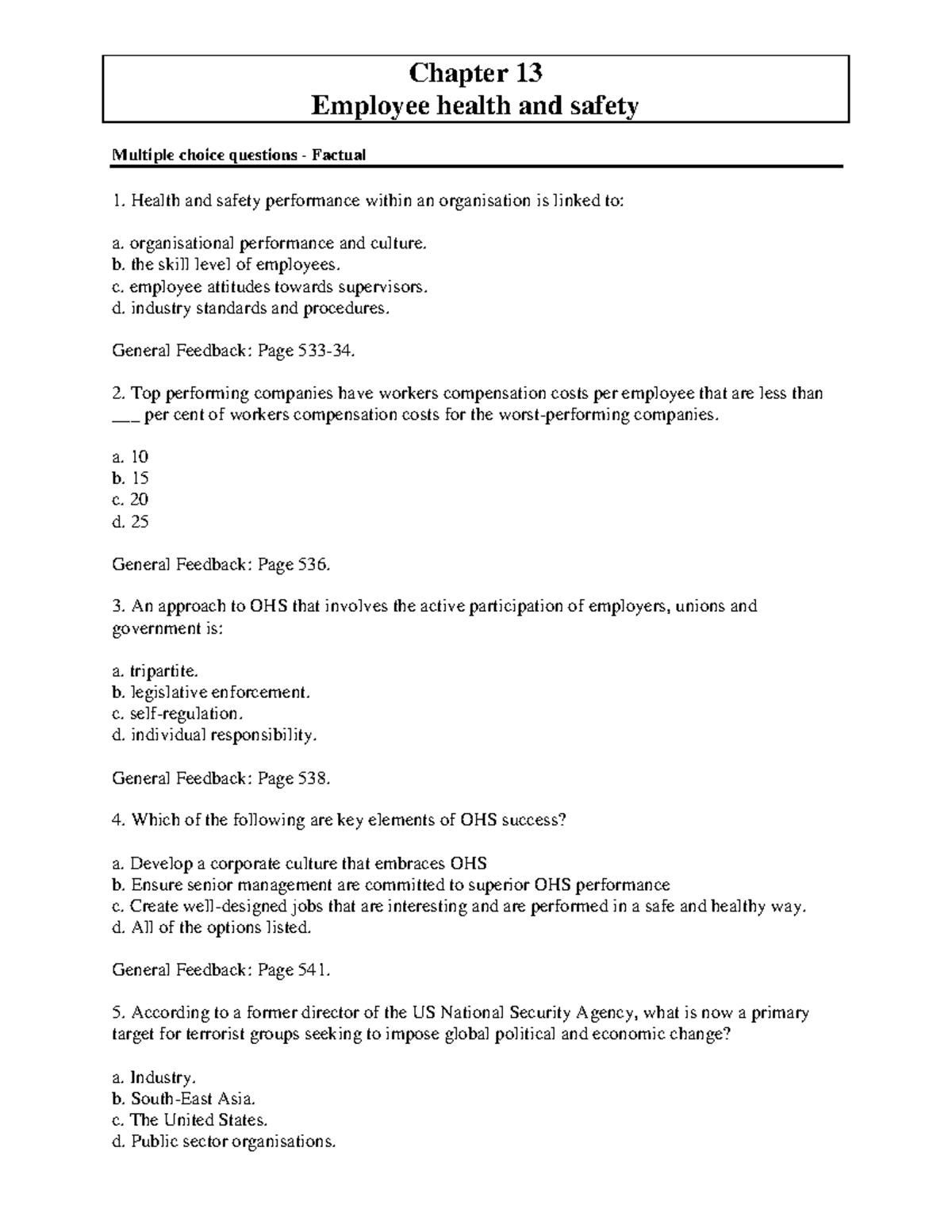 Chapter 13 - WH&S Quiz - Multiple choice questions. - StuDocu