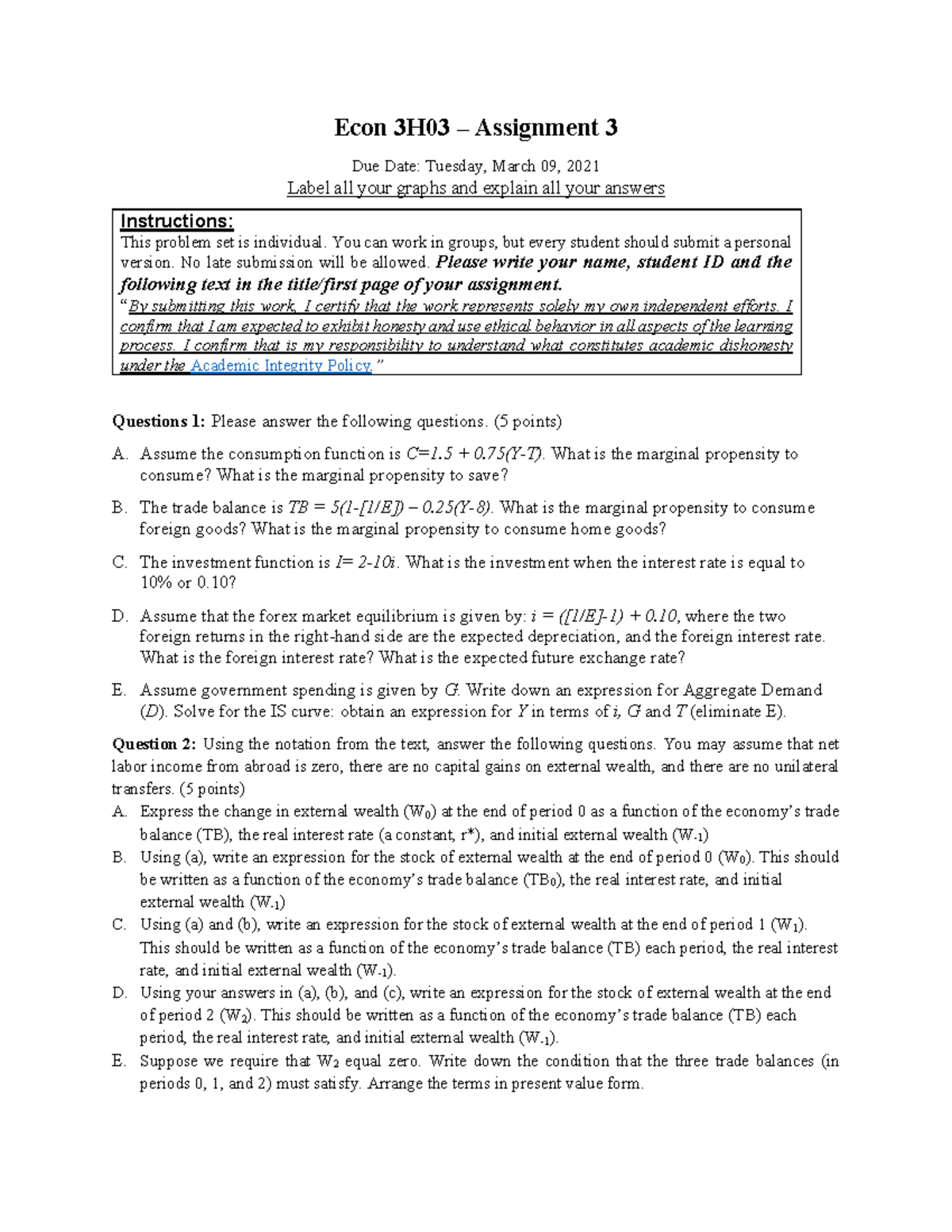 Assignment 3 - Winter 2021 - Econ 3H03 – Assignment 3 Due Date: Tuesday ...