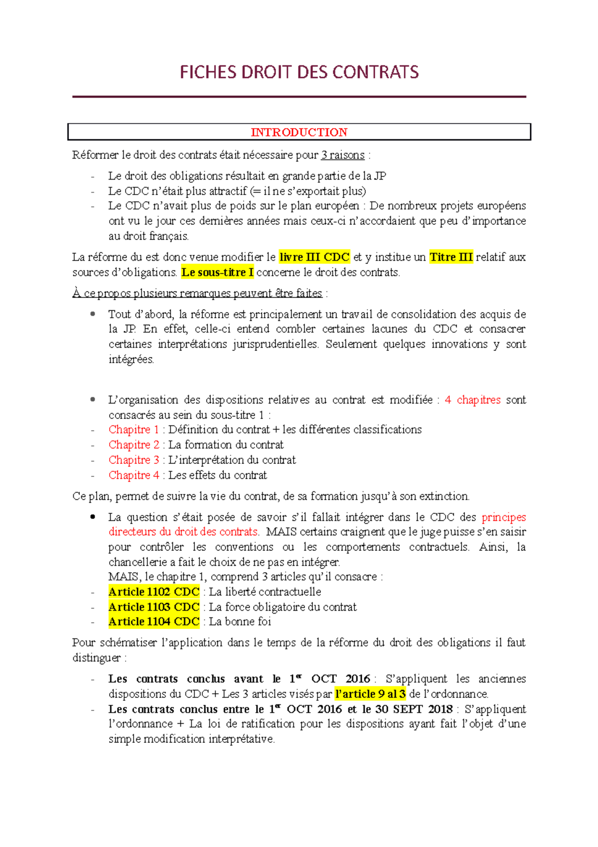 Fiches Droit DES Contrats - FICHES DROIT DES CONTRATS INTRODUCTION ...