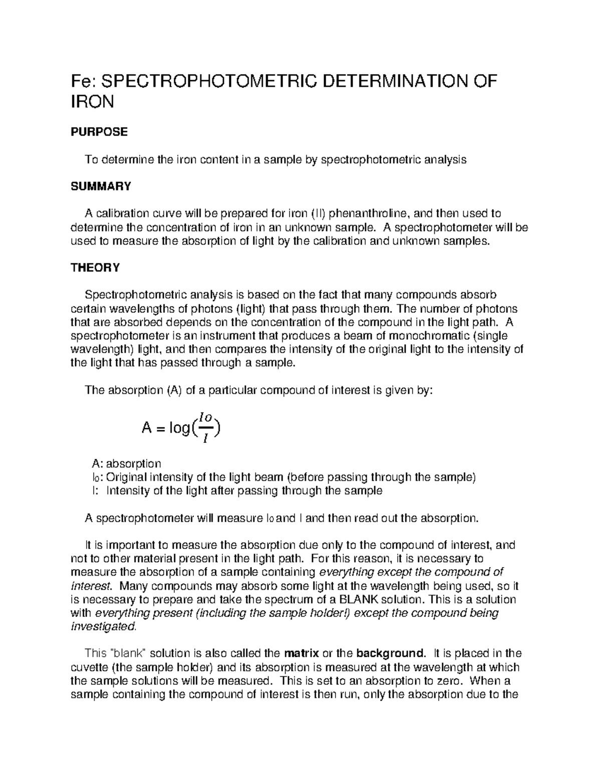 Lab Manual Spectrophotometric Determination of Iron New Fe