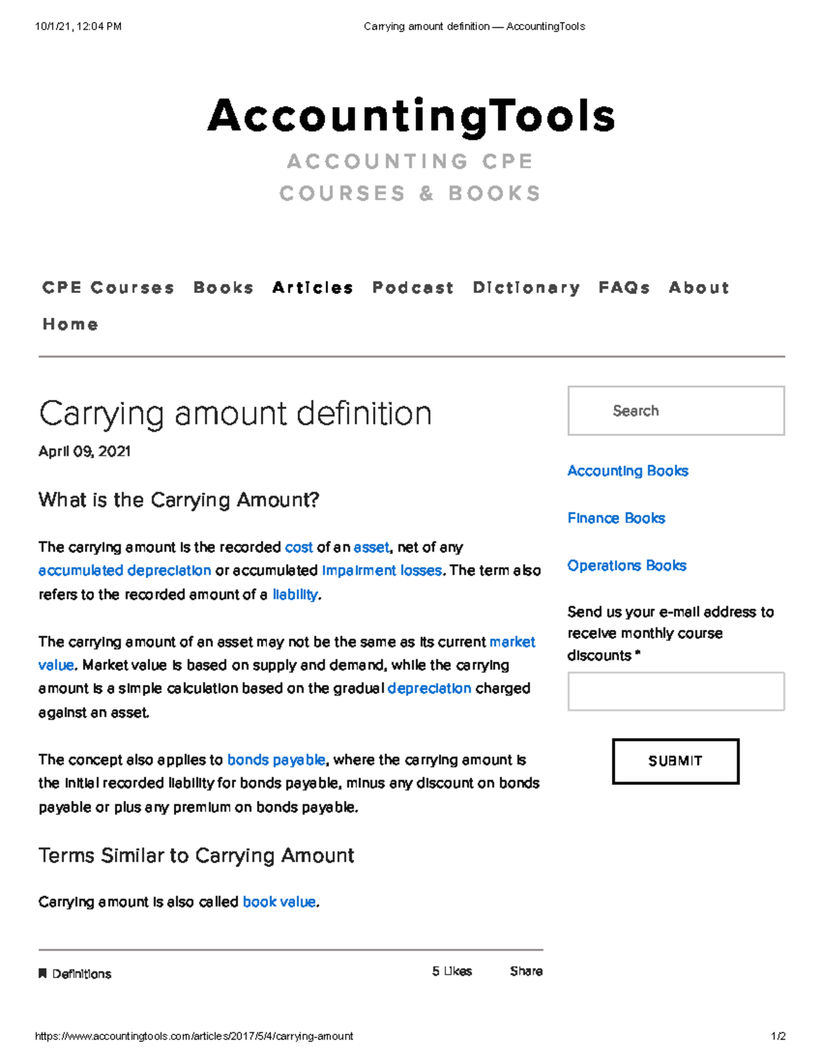 Carrying amount definition — Accounting Tools 10/1/21, 1204 PM