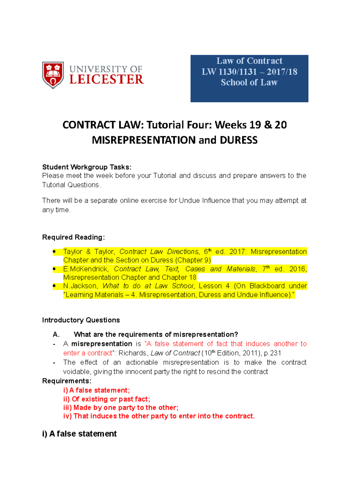 Contract Law Tutorial 4 - Law Of Contract LW 1130/1131 – 2017/18 School ...