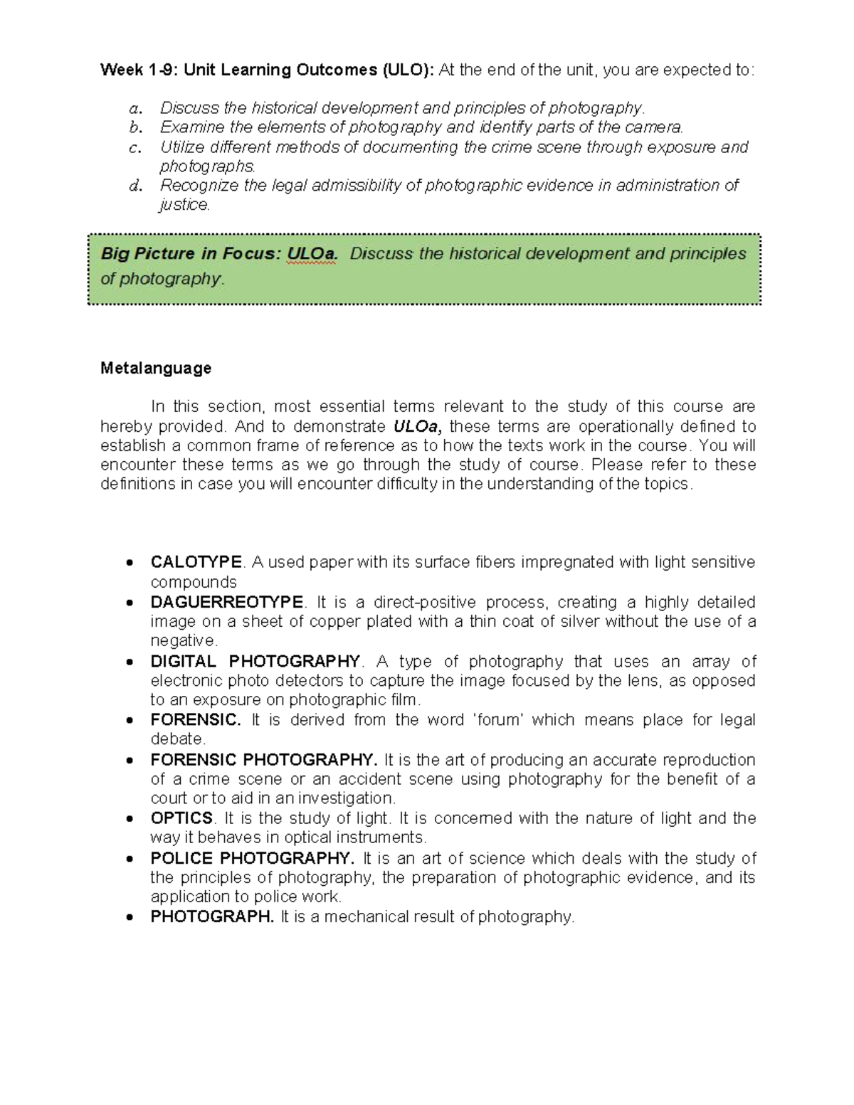 CRI 227 ULO A pdf - Police Photography - Week 1-9: Unit Learning ...