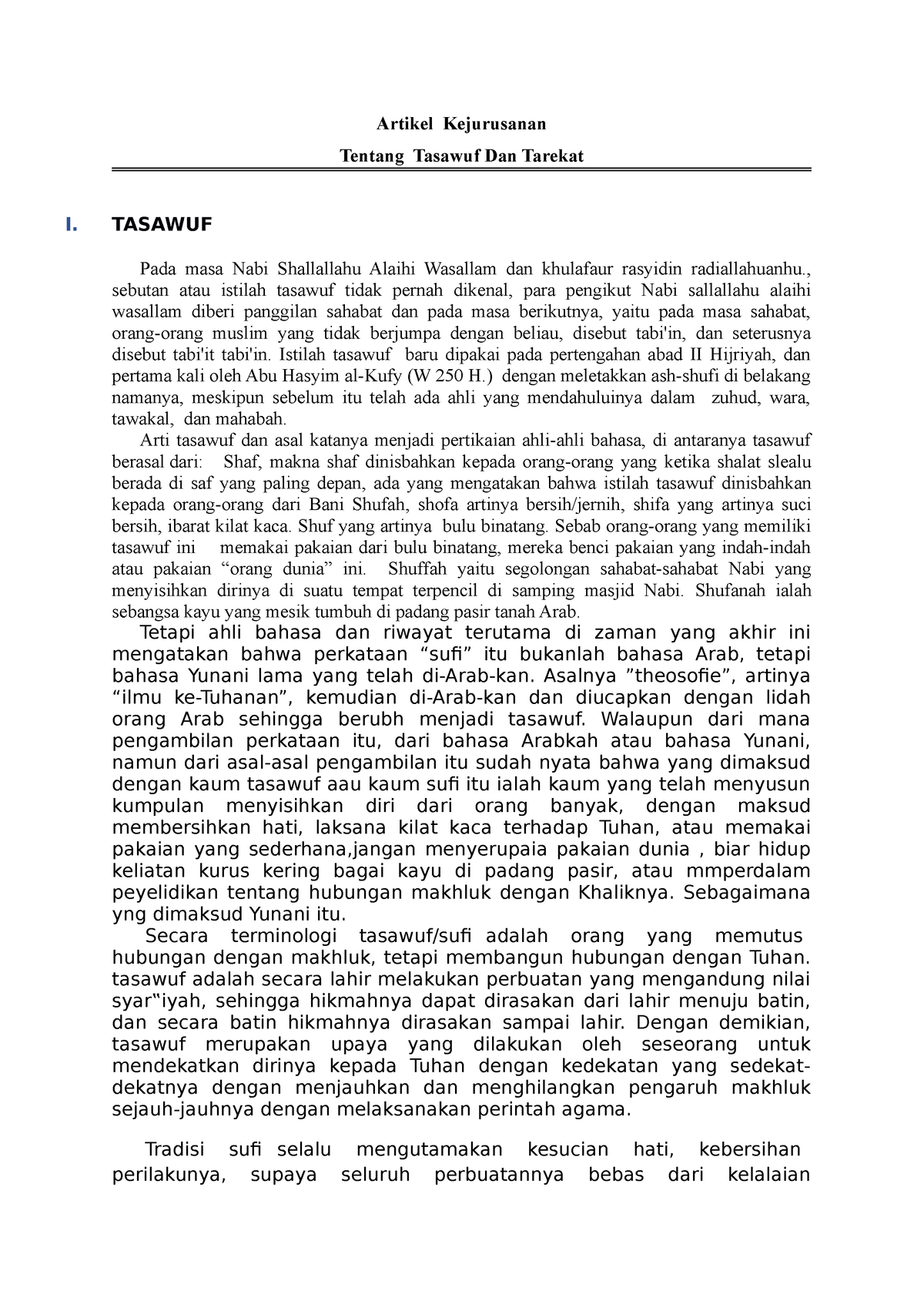 Tasawuf Dan Tarekat Islam Artikel Kejurusanan Tentang Tasawuf Dan