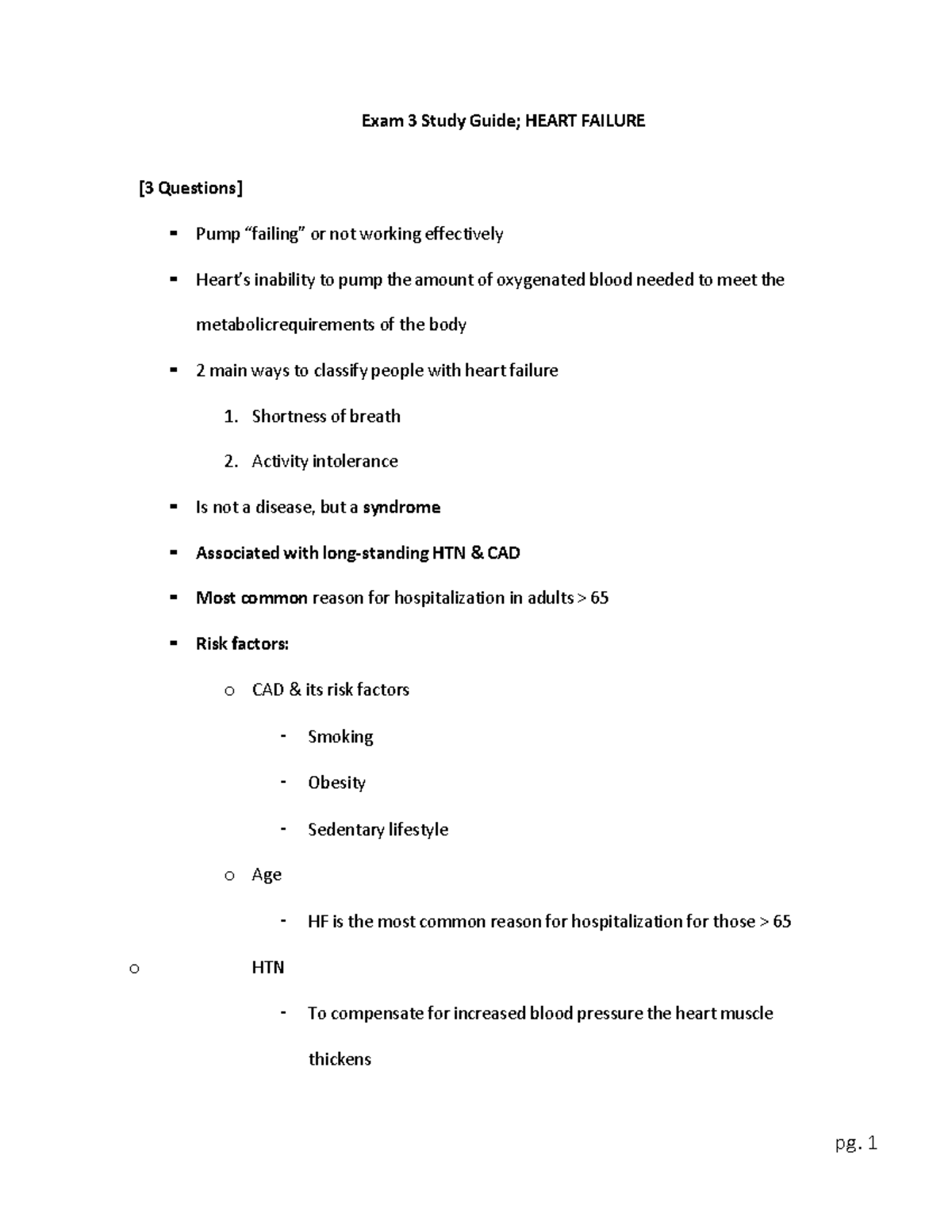 Exam 3 Study Guide; Heart Failure - Exam 3 Study Guide; HEART FAILURE ...