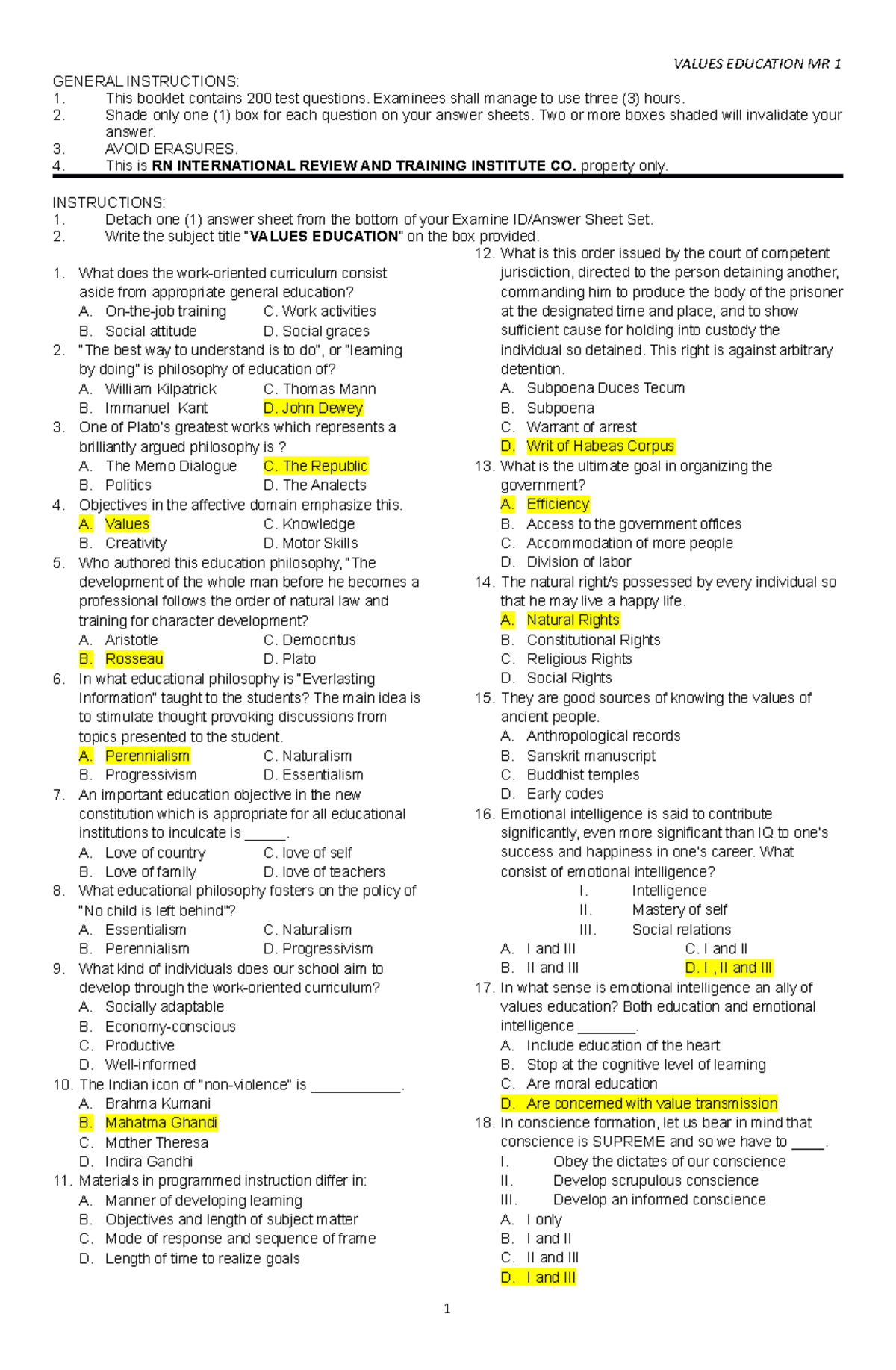 Values ED MRE - practice materials - GENERAL INSTRUCTIONS: 1. This ...