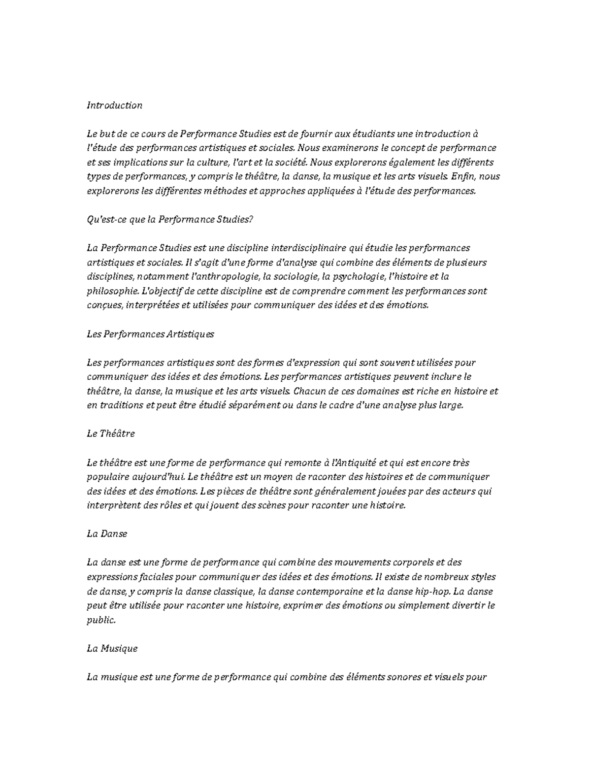 Performance Studies note study - Introduction Le but de ce cours de ...
