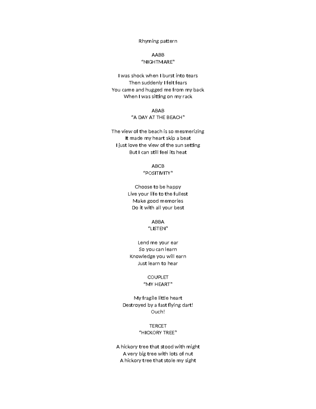 My poem - My poem - Rhyming pattern AABB “NIGHTMARE” I was shock when I ...