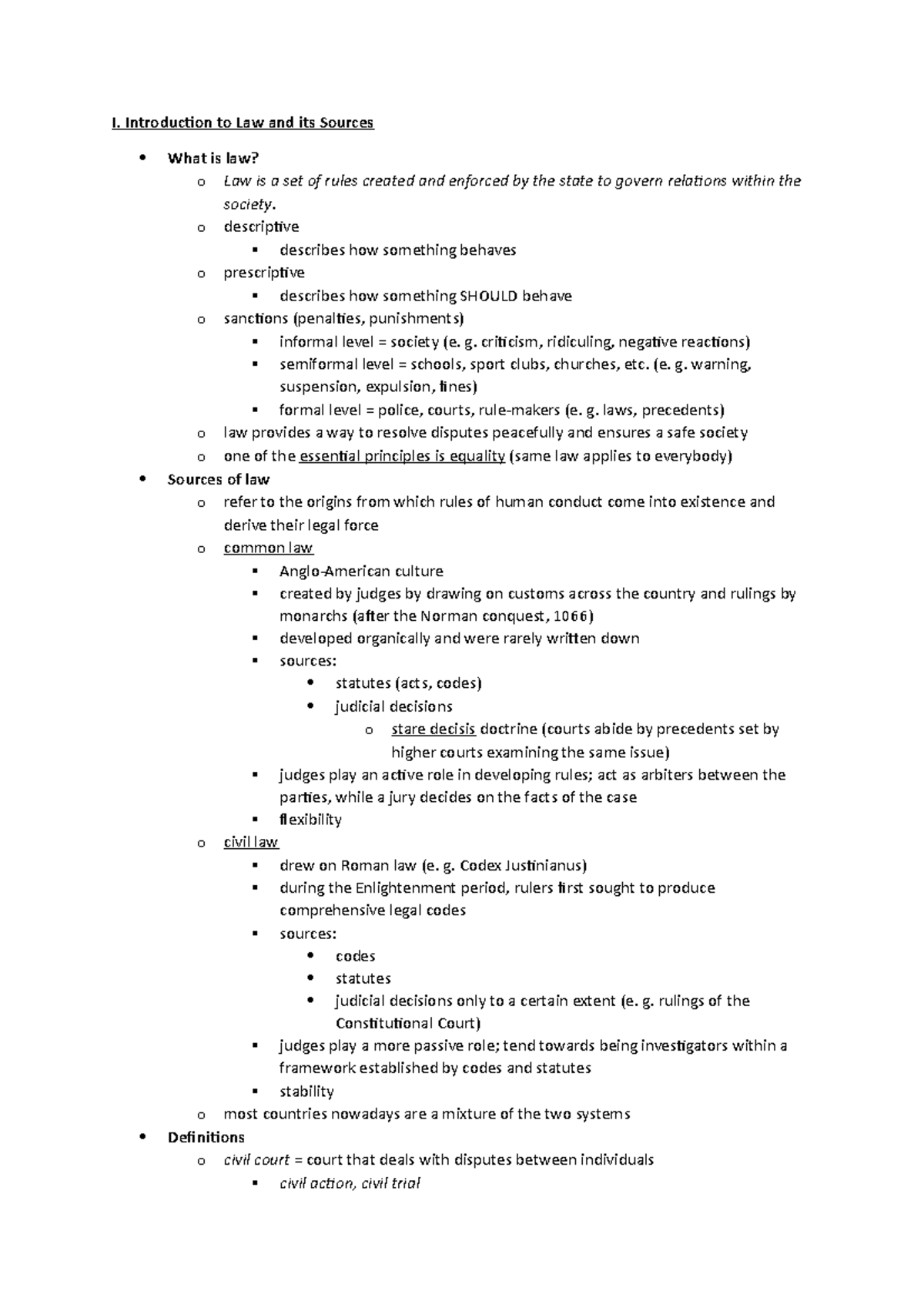 EXAM - Summary Jazyk I.4. - angličtina pro právníky - I. Introduction ...