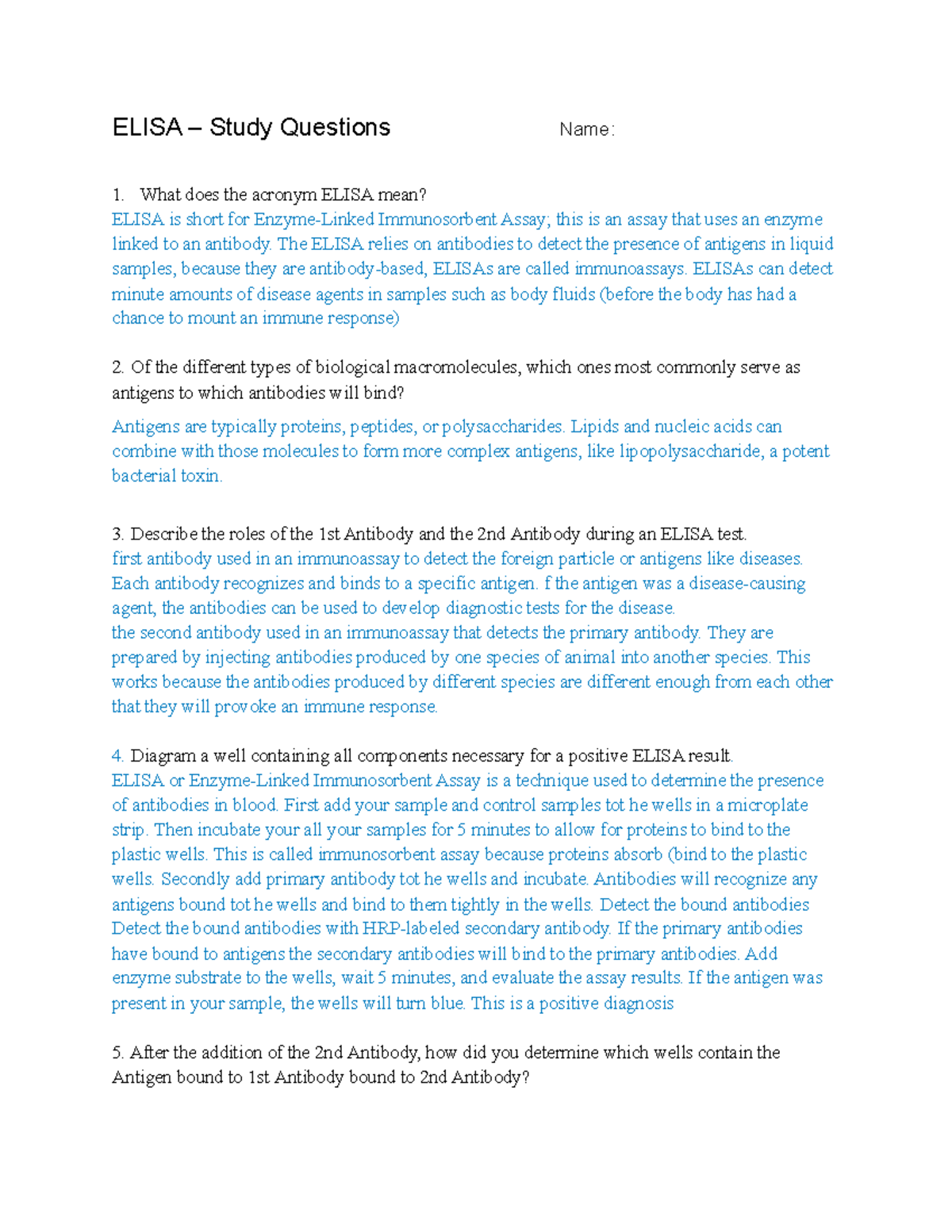 Elisa – Study Questions - ELISA – Study Questions Name: What does the ...
