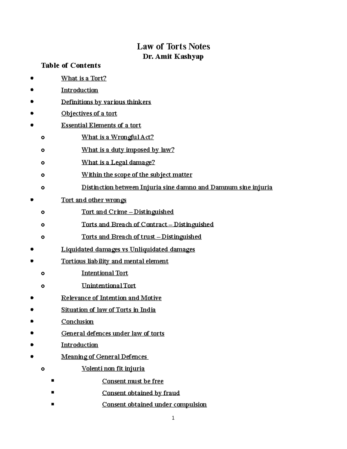 Law Of Torts Notes - Copy - Law Of Torts Notes Dr. Amit Kashyap Table ...