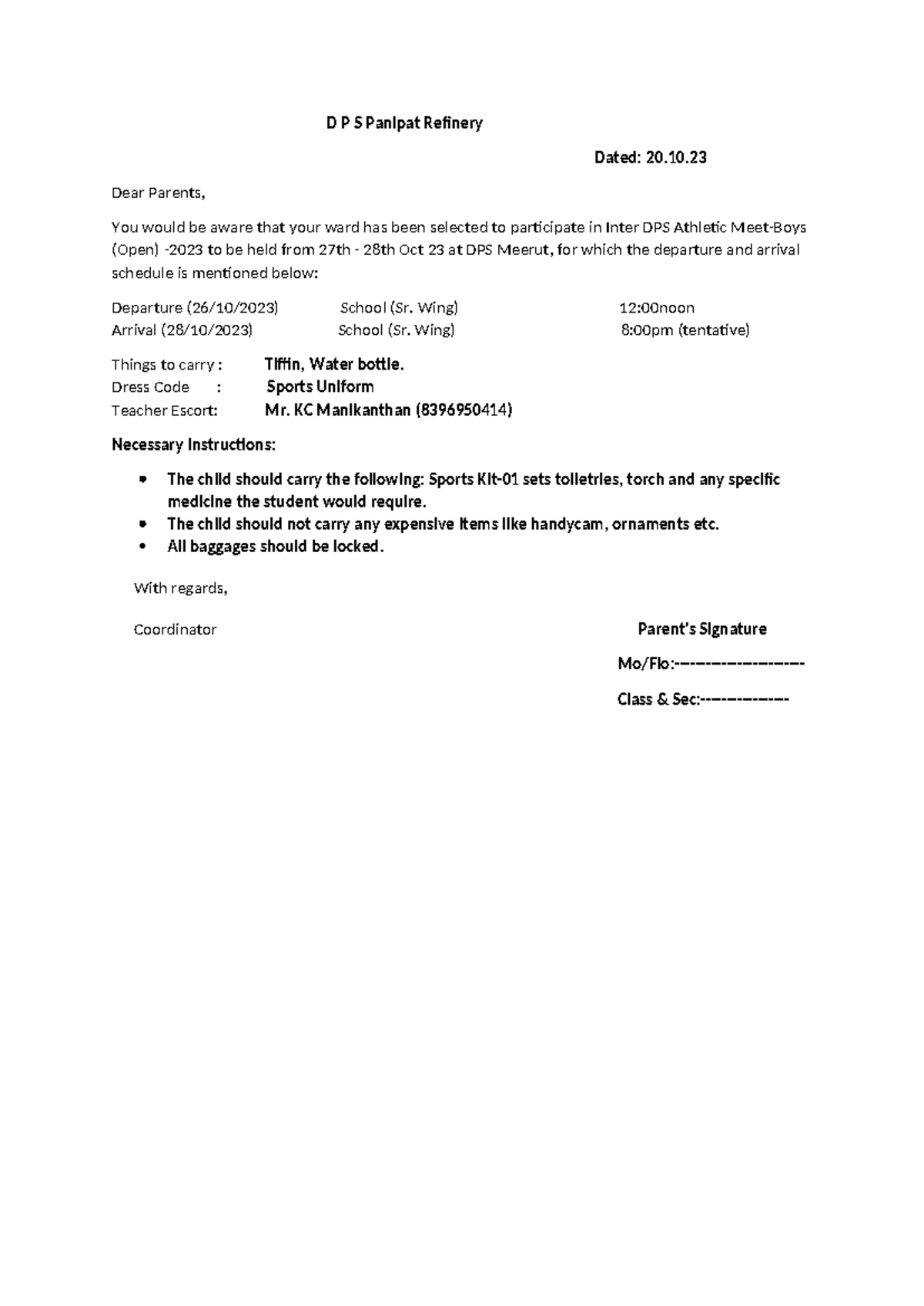 Letter - rdttftyrrt - D P S Panipat Refinery Dated: 20. Dear Parents ...