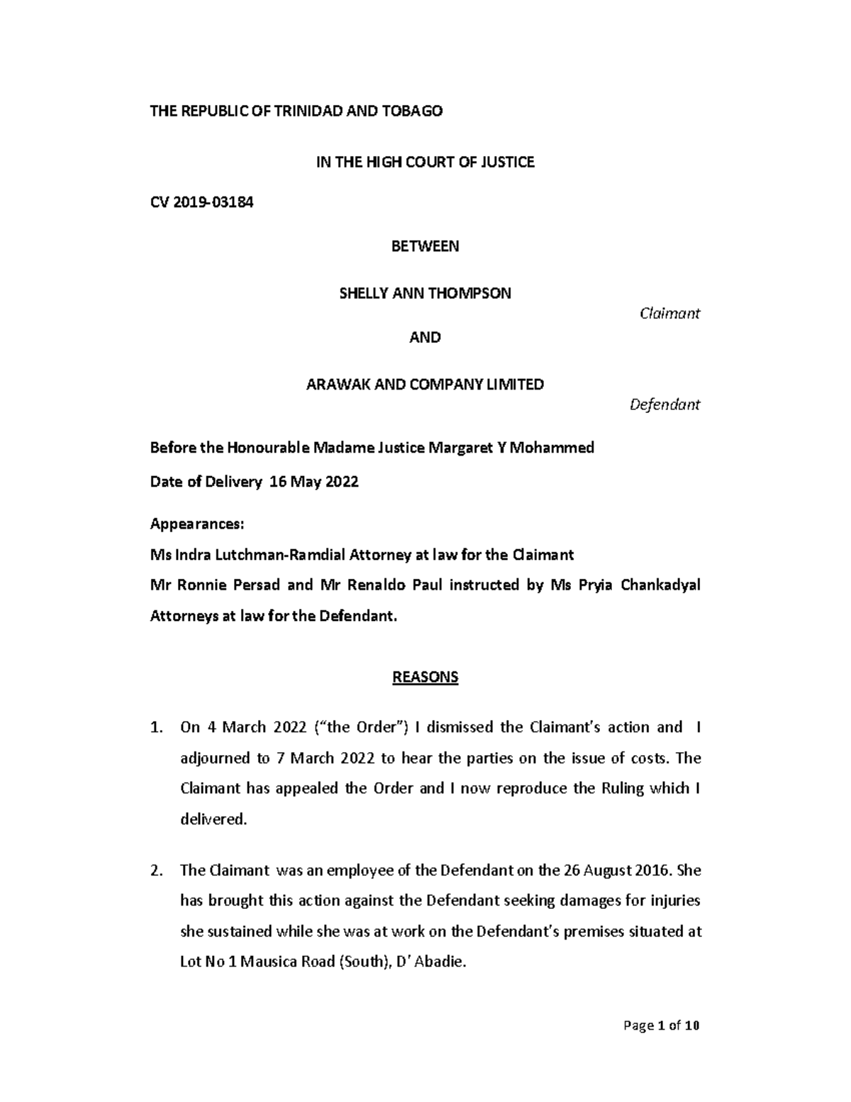Thompson v ArawakMay 2022 THE REPUBLIC OF TRINIDAD AND TOBAGO IN THE