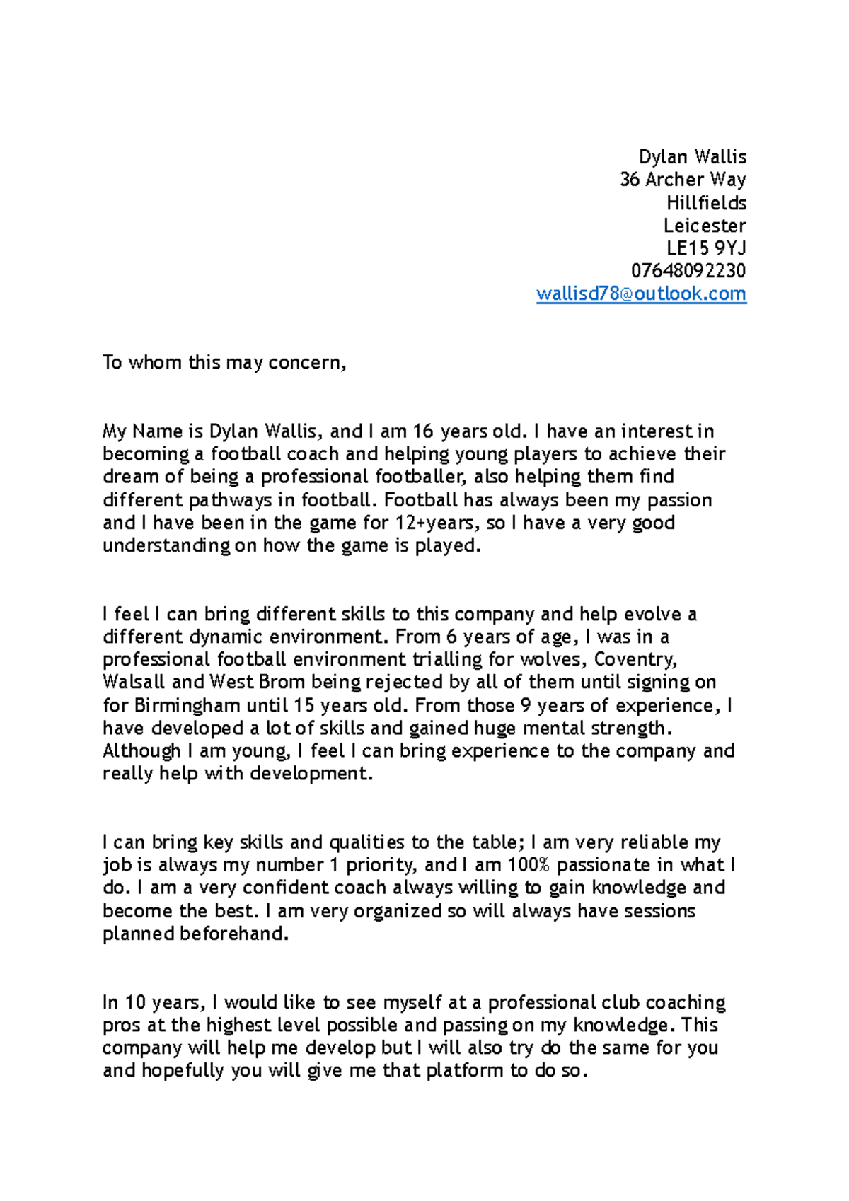 Cover Letter Dylan - Yh Yh - Dylan Wallis 36 Archer Way Hillfields 