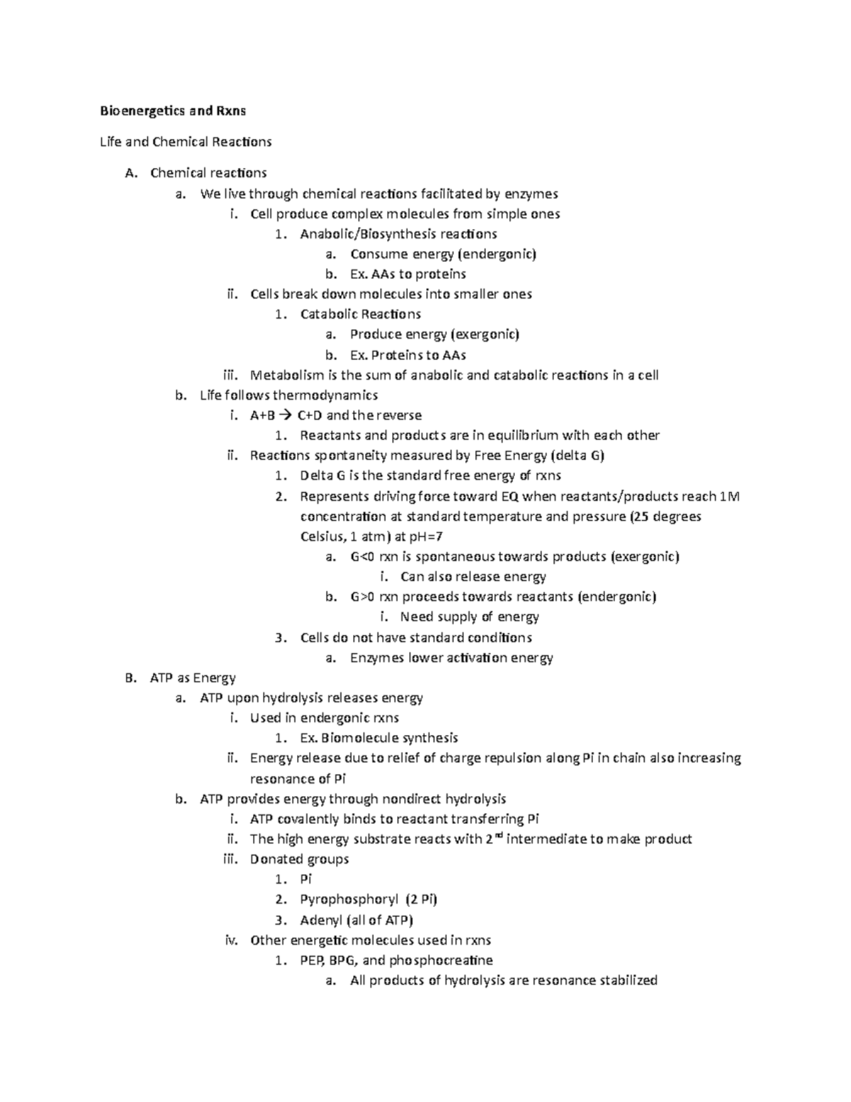 Biochem 2 exam 2 outline - Bioenergetics and Rxns Life and Chemical ...