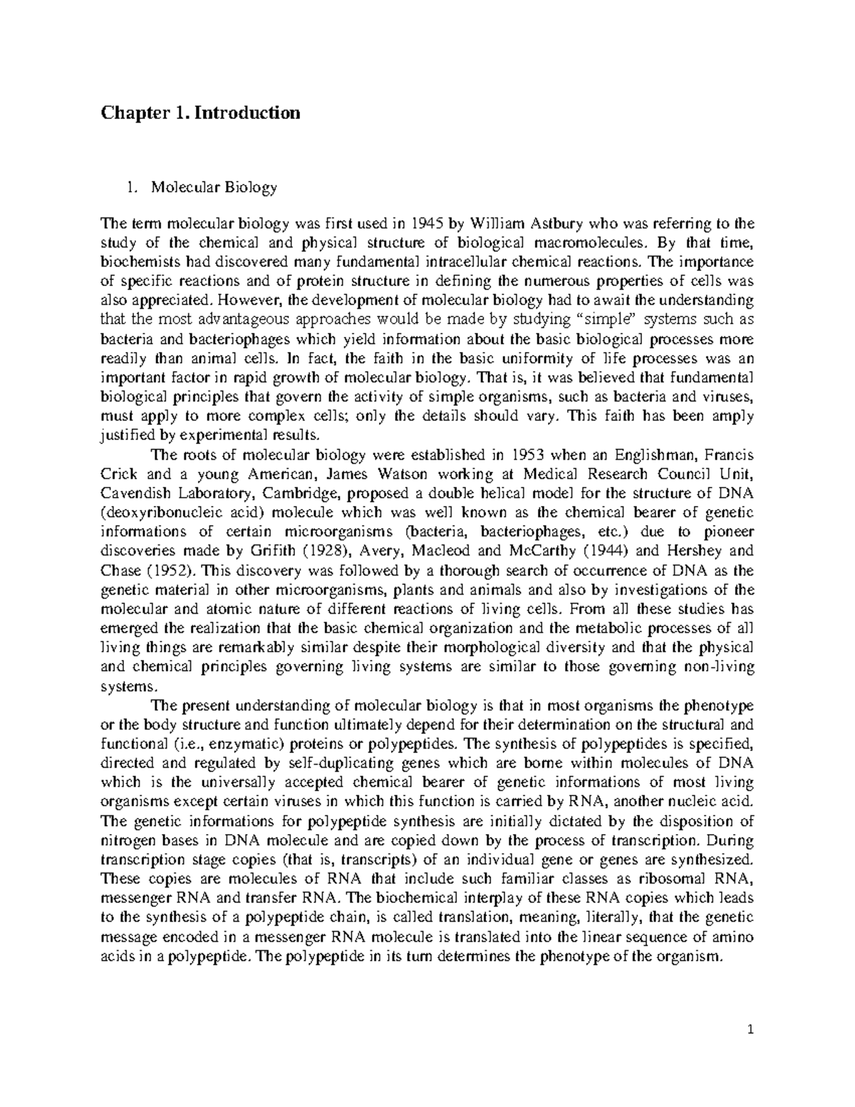 BIO302-Molecular Biology Handouts 1 - Chapter 1. Introduction Molecular ...